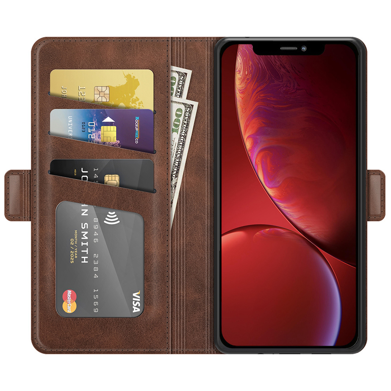 Étui marron, ouvert. Cartes, argent et écran du téléphone.