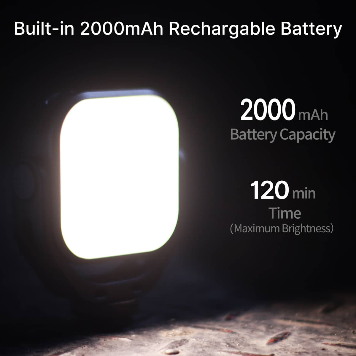 Czarne światło. Tekst brzmi Wbudowany akumulator 2000 mAh, Pojemność baterii 2000 mAh i Czas 120 min.