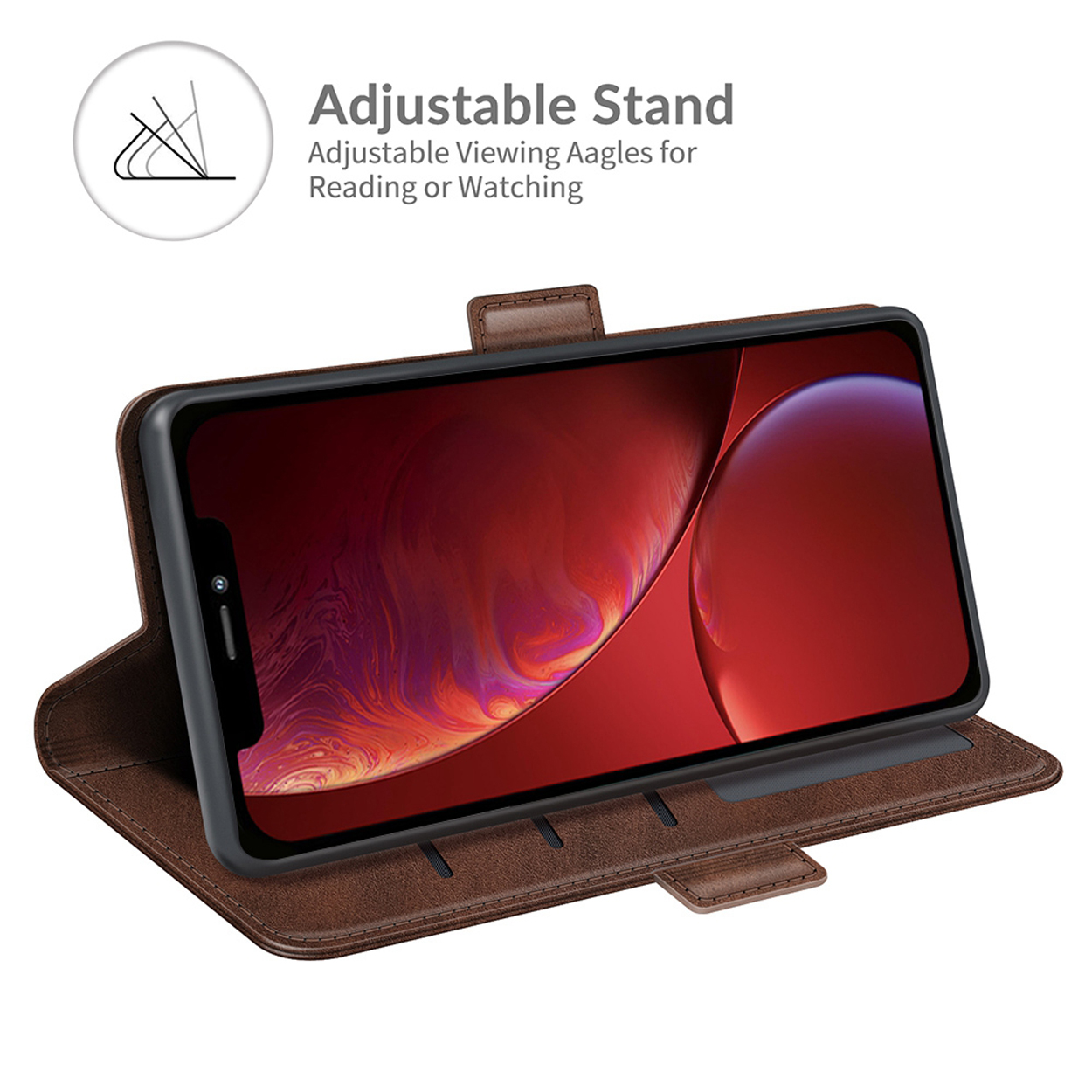 Une coque de téléphone marron avec un téléphone affichant un fond rouge et violet.