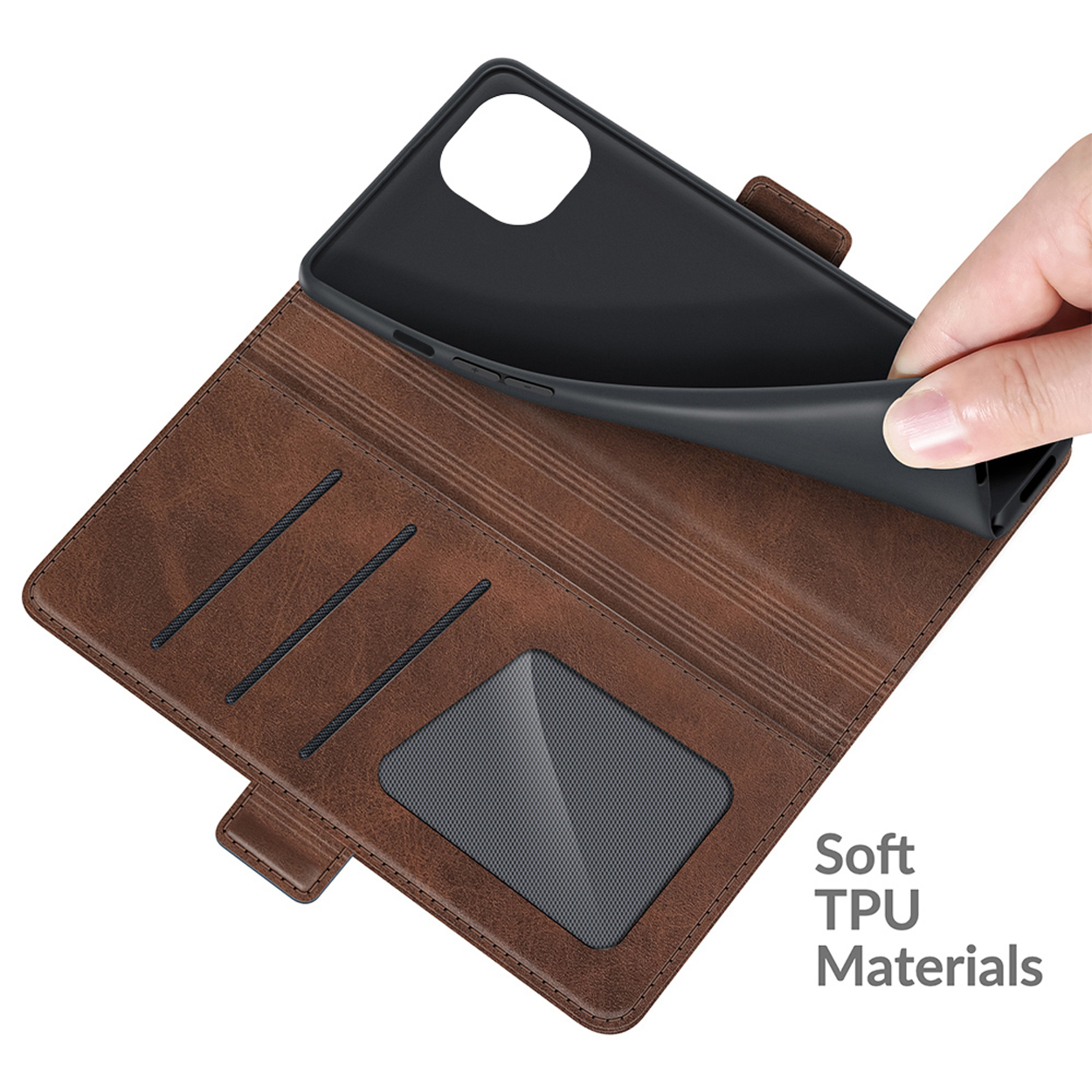Étui de téléphone en cuir marron ouvert. Montre un téléphone et des fentes pour cartes.