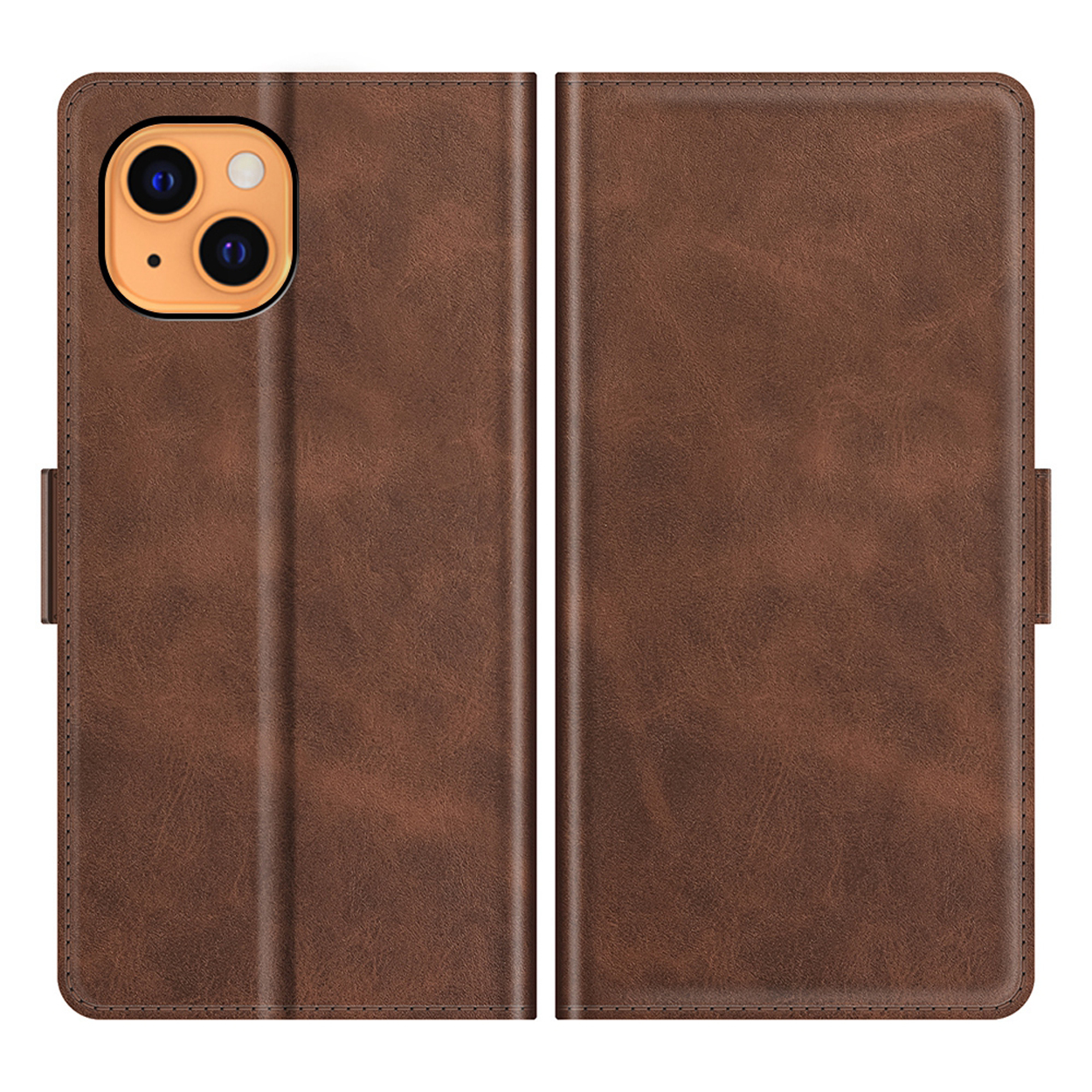 Un étui de téléphone marron, fermé, montrant l'avant et l'arrière. Il a une fermeture magnétique et une texture semblable au cuir.