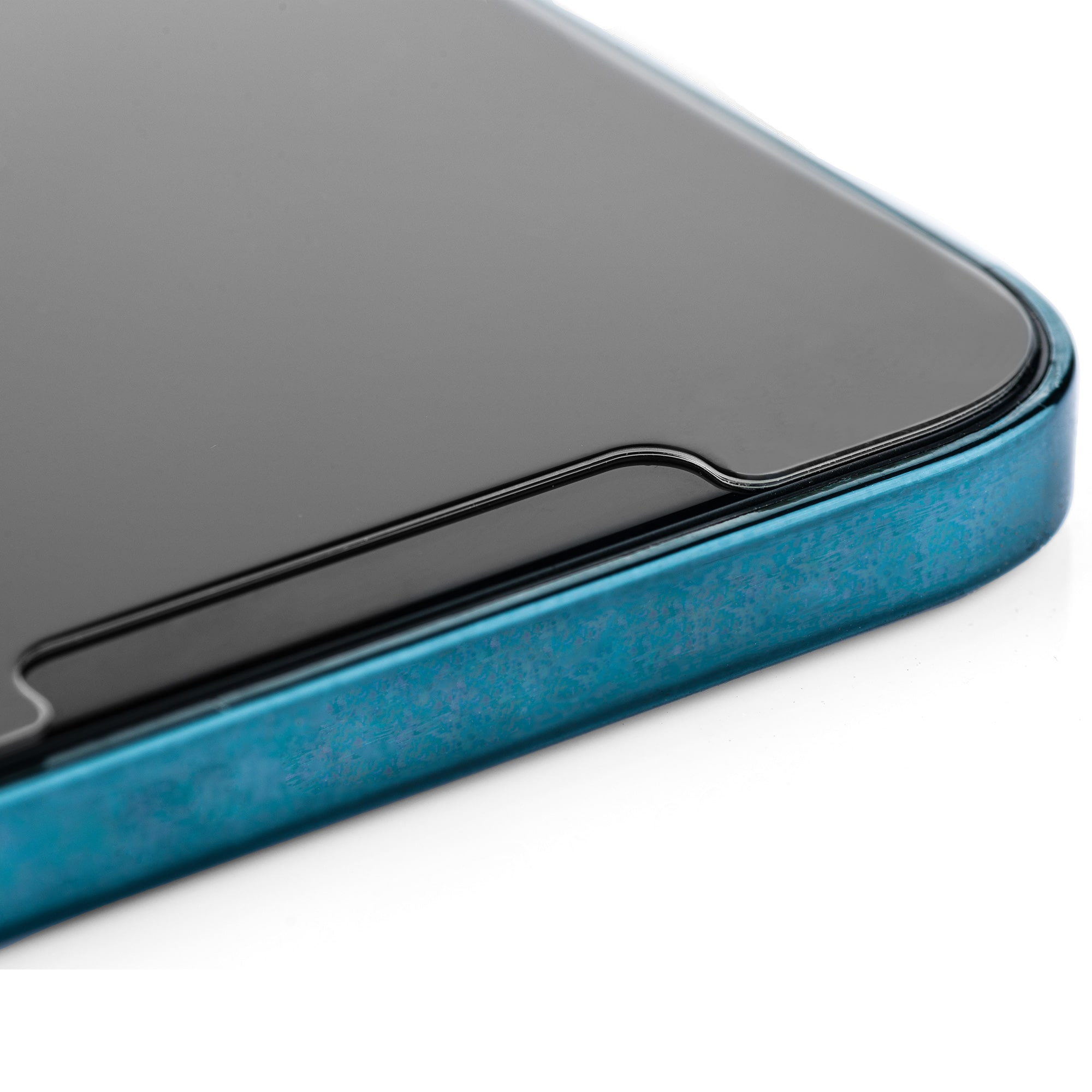 Close-up of a phone screen protector. Blue phone edges are visible.