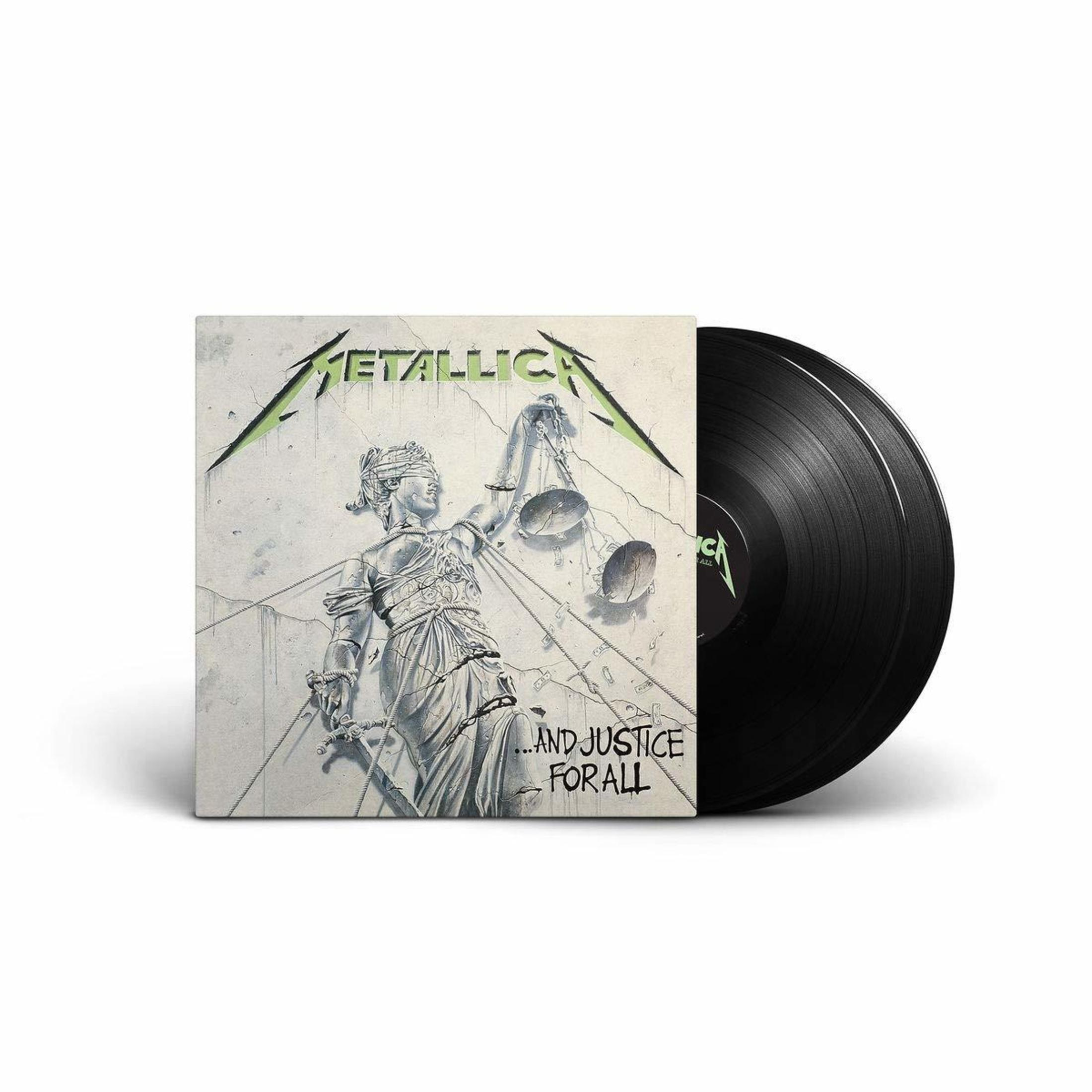 Portada del álbum de Metallica, Justice For All, con un disco de vinilo negro.