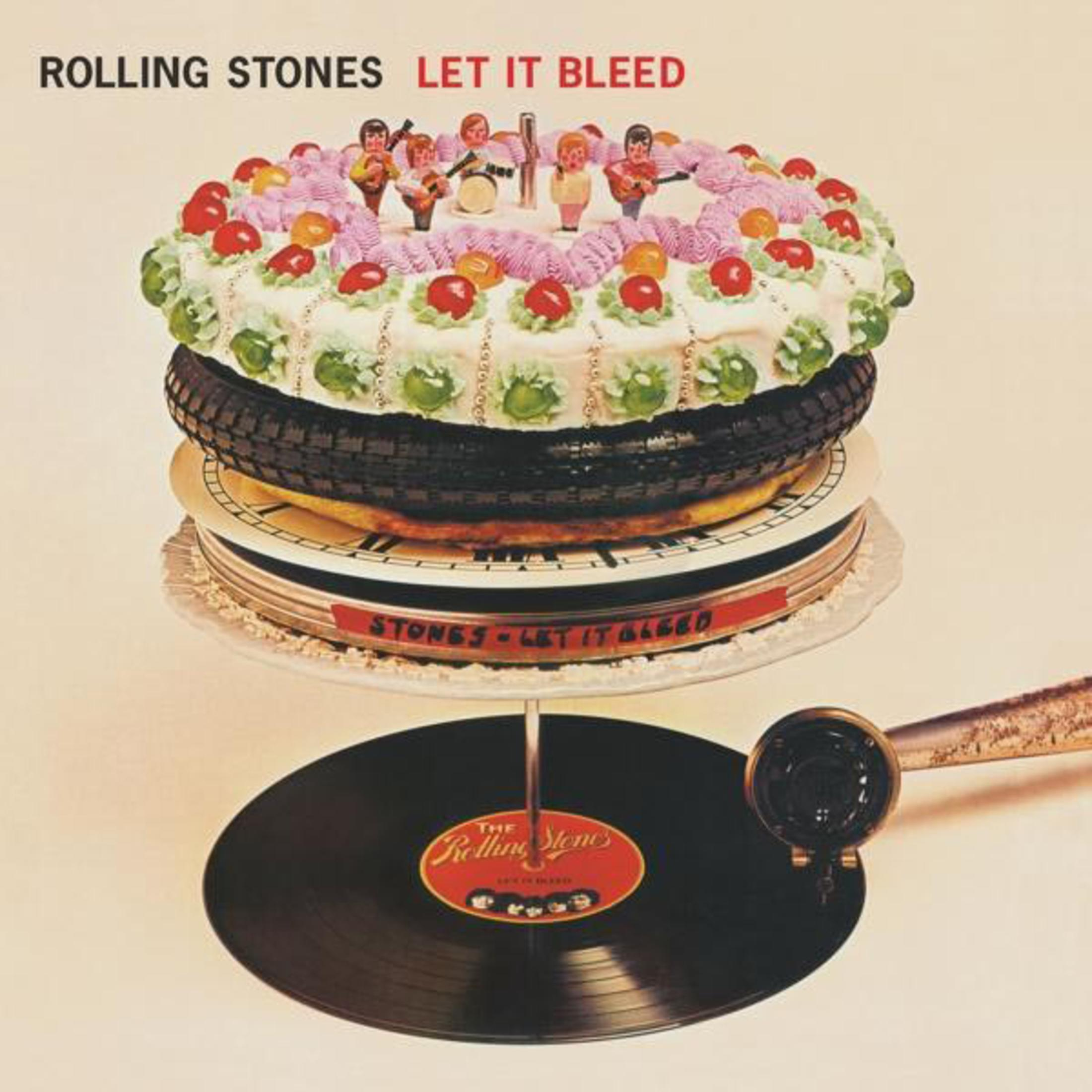 Copertina dell'album con torta, pneumatico e disco. Testo: Rolling Stones, Let it Bleed.