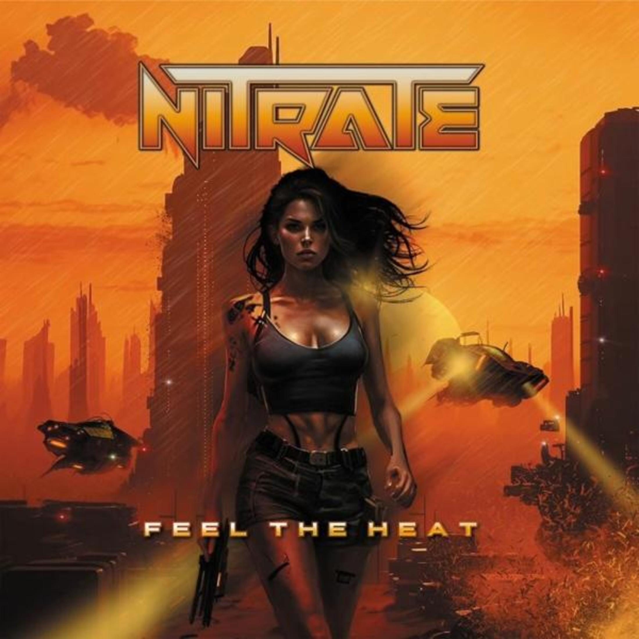 Copertina dell'album, donna con pistola, sfondo fantascientifico, testo 'Feel the Heat'.