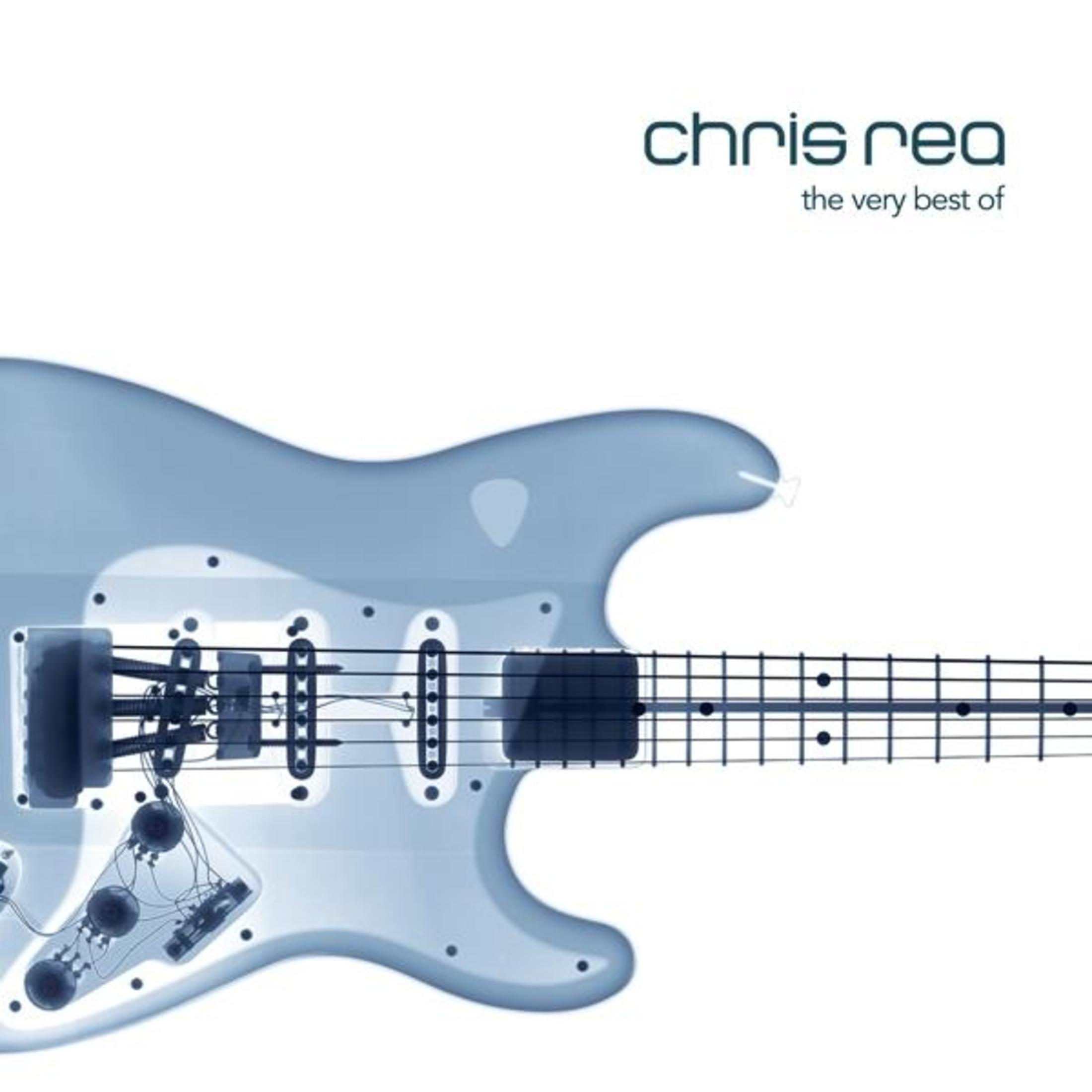 Copertina dell'album di una chitarra blu, testo e titolo di Chris Rea, sfondo bianco.
