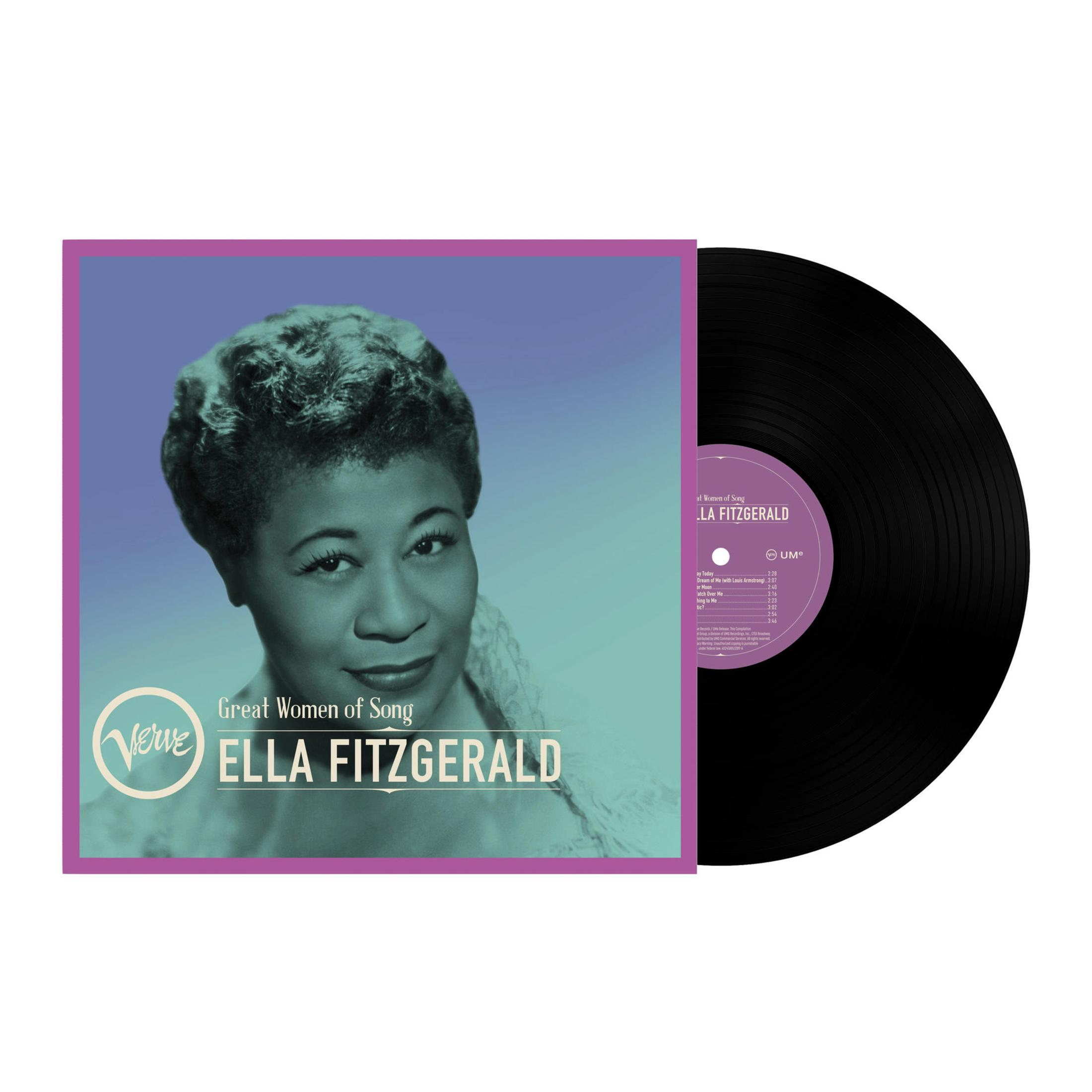 Portada del álbum con el retrato de Ella Fitzgerald en un fondo púrpura, un disco de vinilo negro visible.