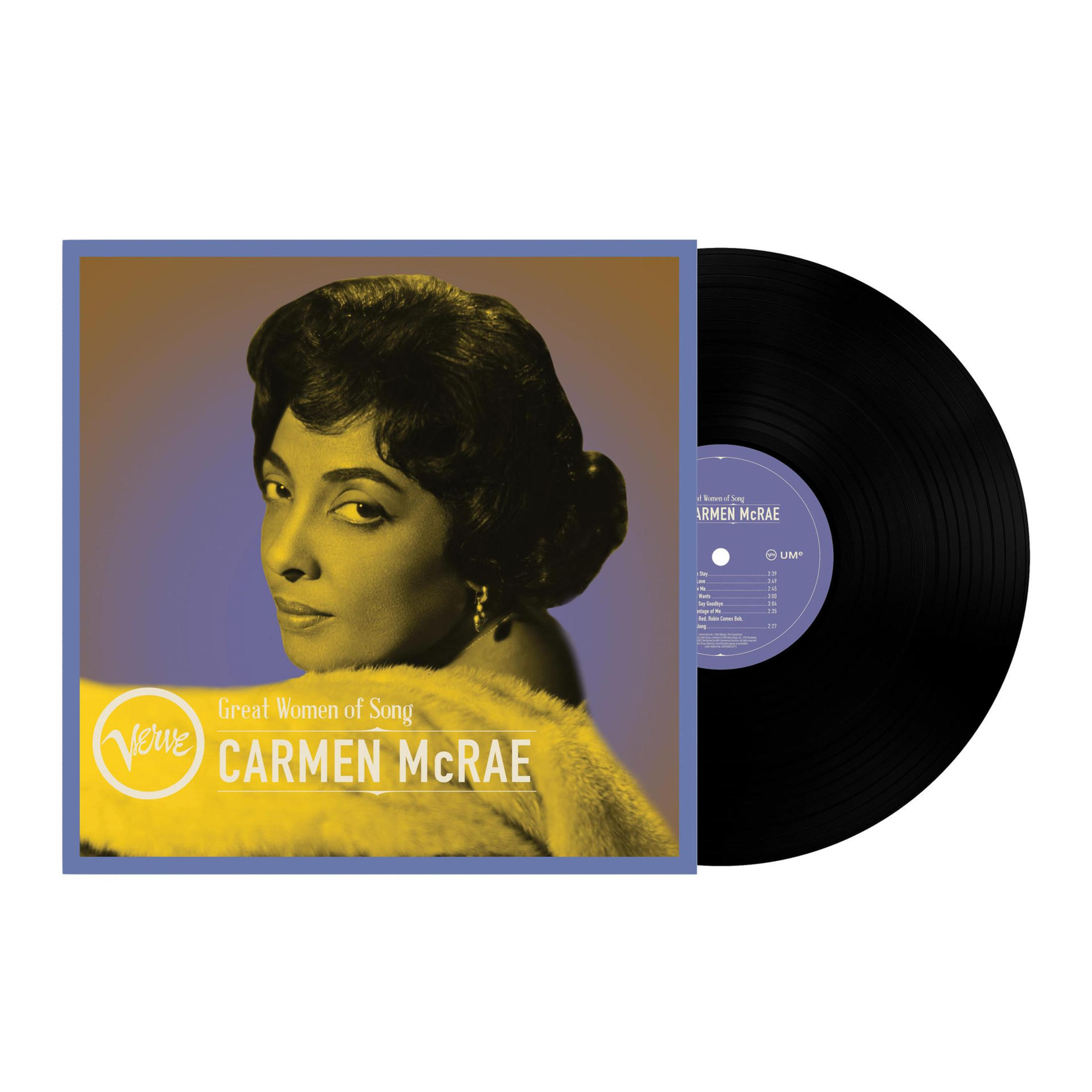 Portada del álbum de Carmen McRae. Retrato en blanco y negro de una mujer. Un disco de vinilo negro a la derecha.