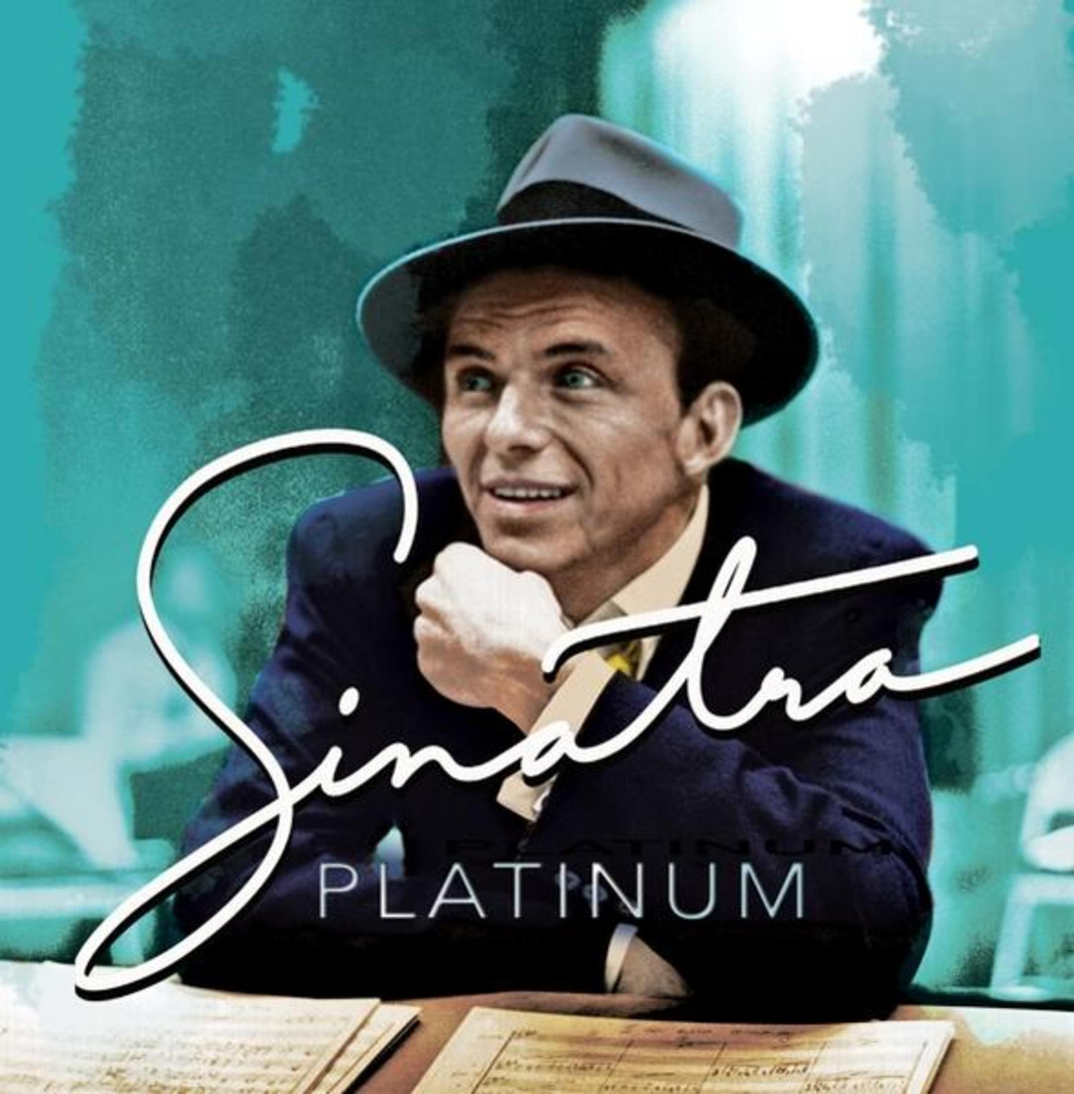 Copertina dell'album Sinatra Platinum. Ritratto di Frank Sinatra in abito blu. Scritta bianca 'Sinatra'.