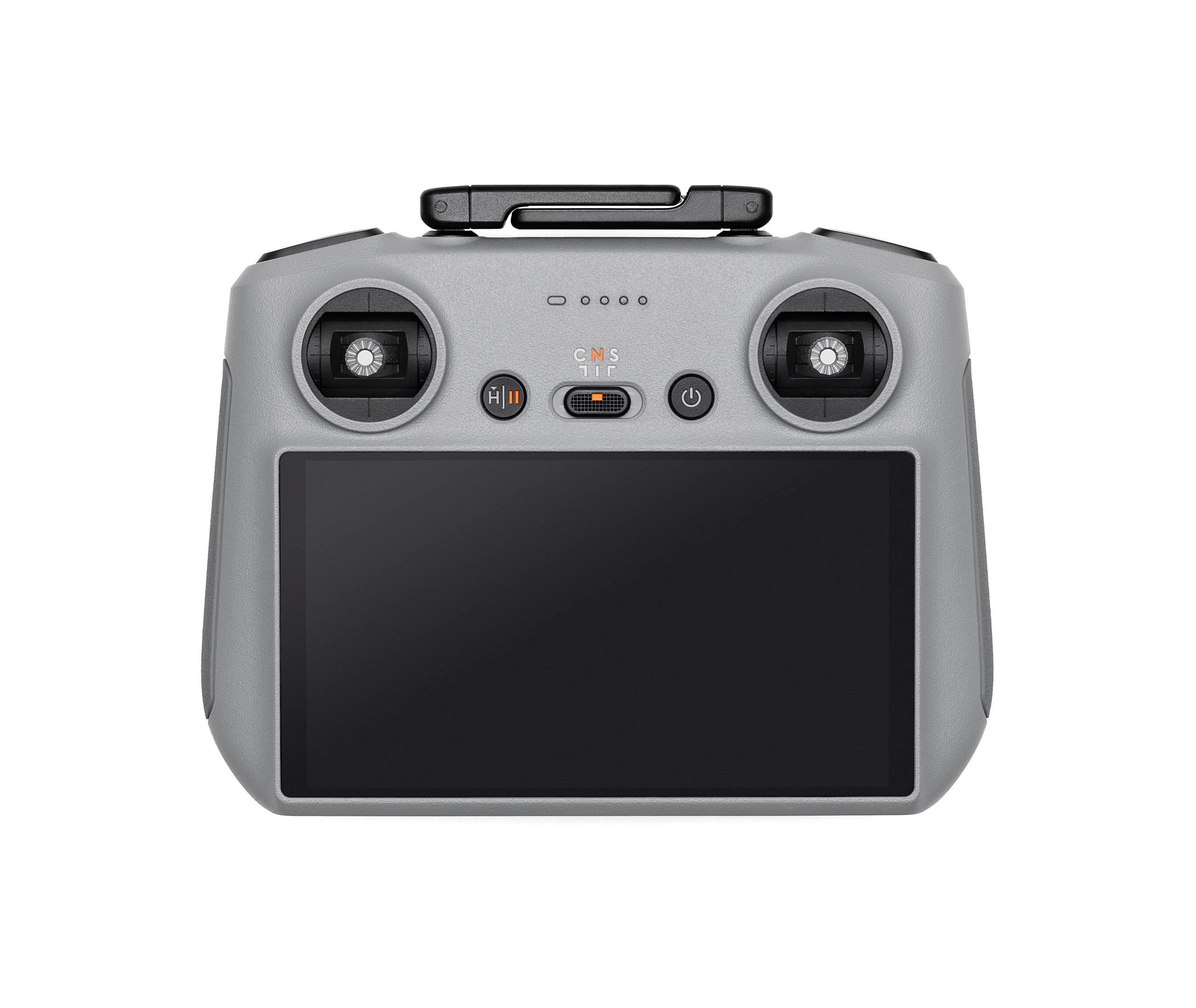 Szary pilot drona z ekranem i różnymi przyciskami, na białym tle.