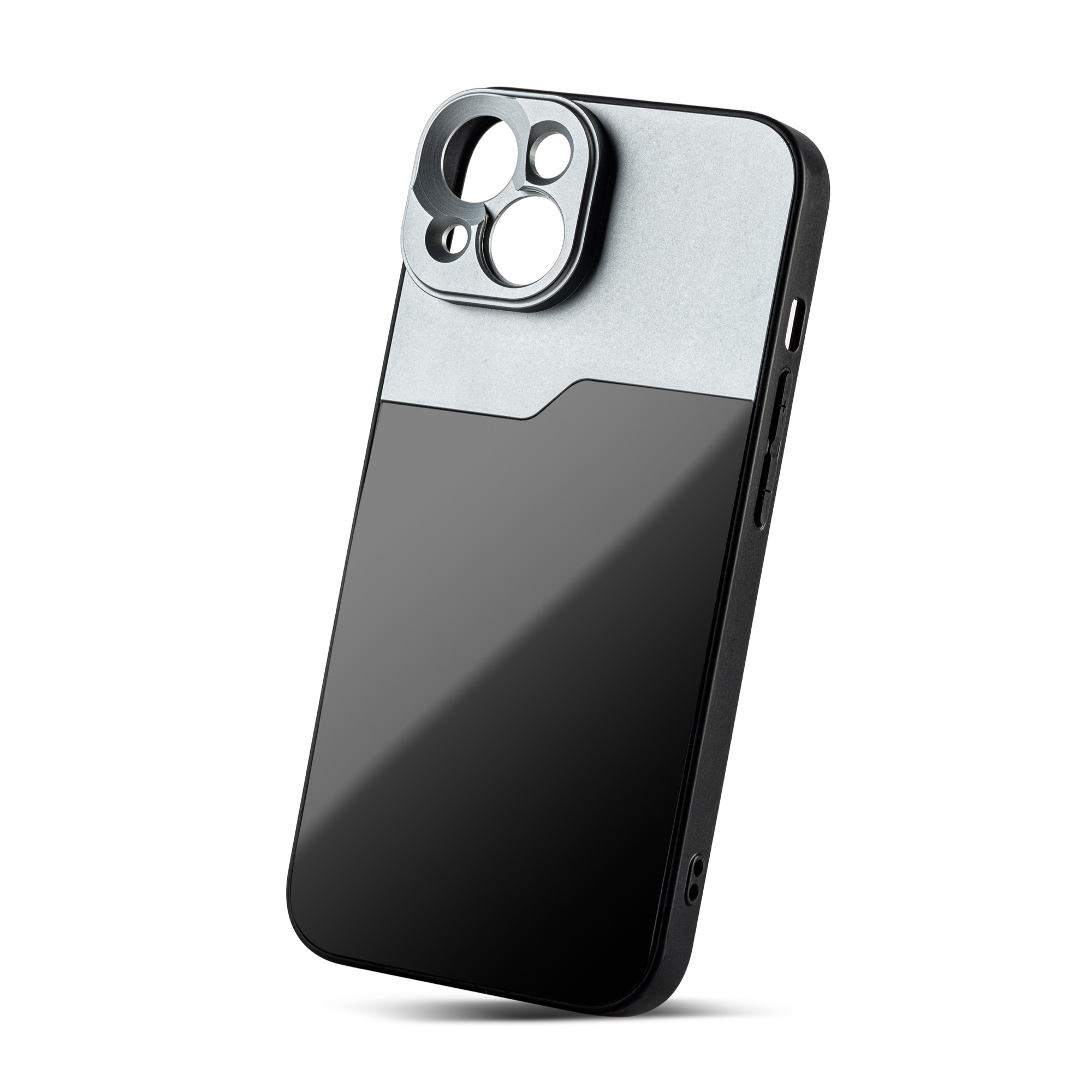 Phone case with a silver camera ring and a black body, angled on a white background.
