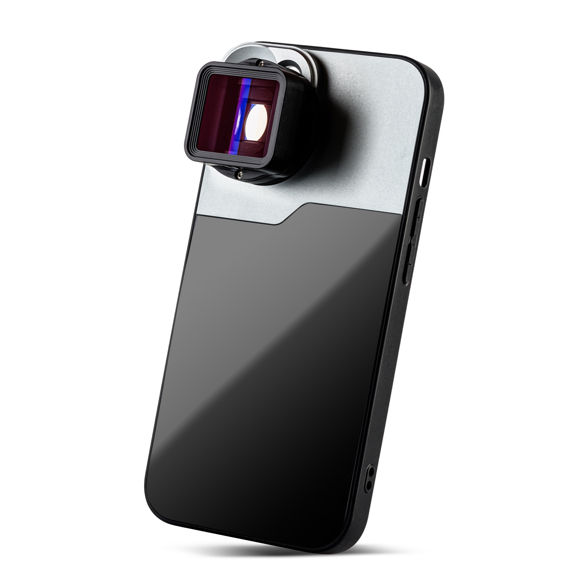 A phone with a camera attachment, angled, on a white background.