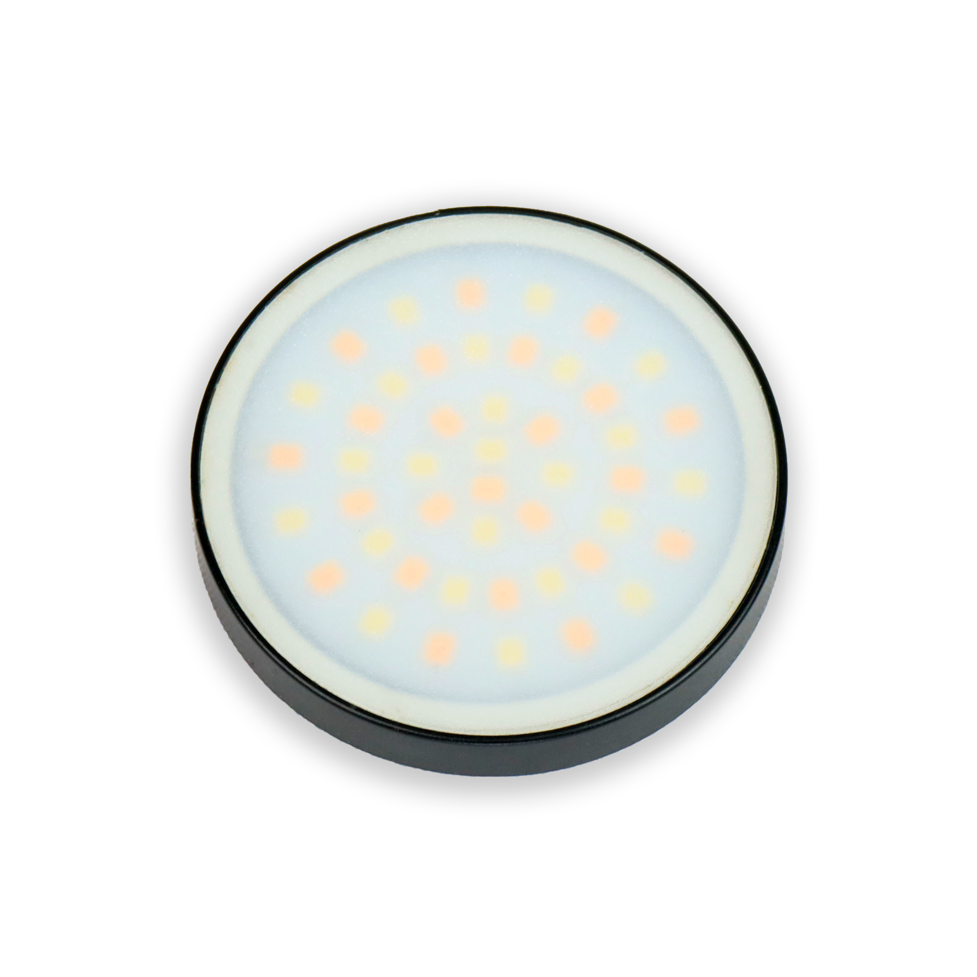 A round LED light with multiple small lights in the center and a black border.