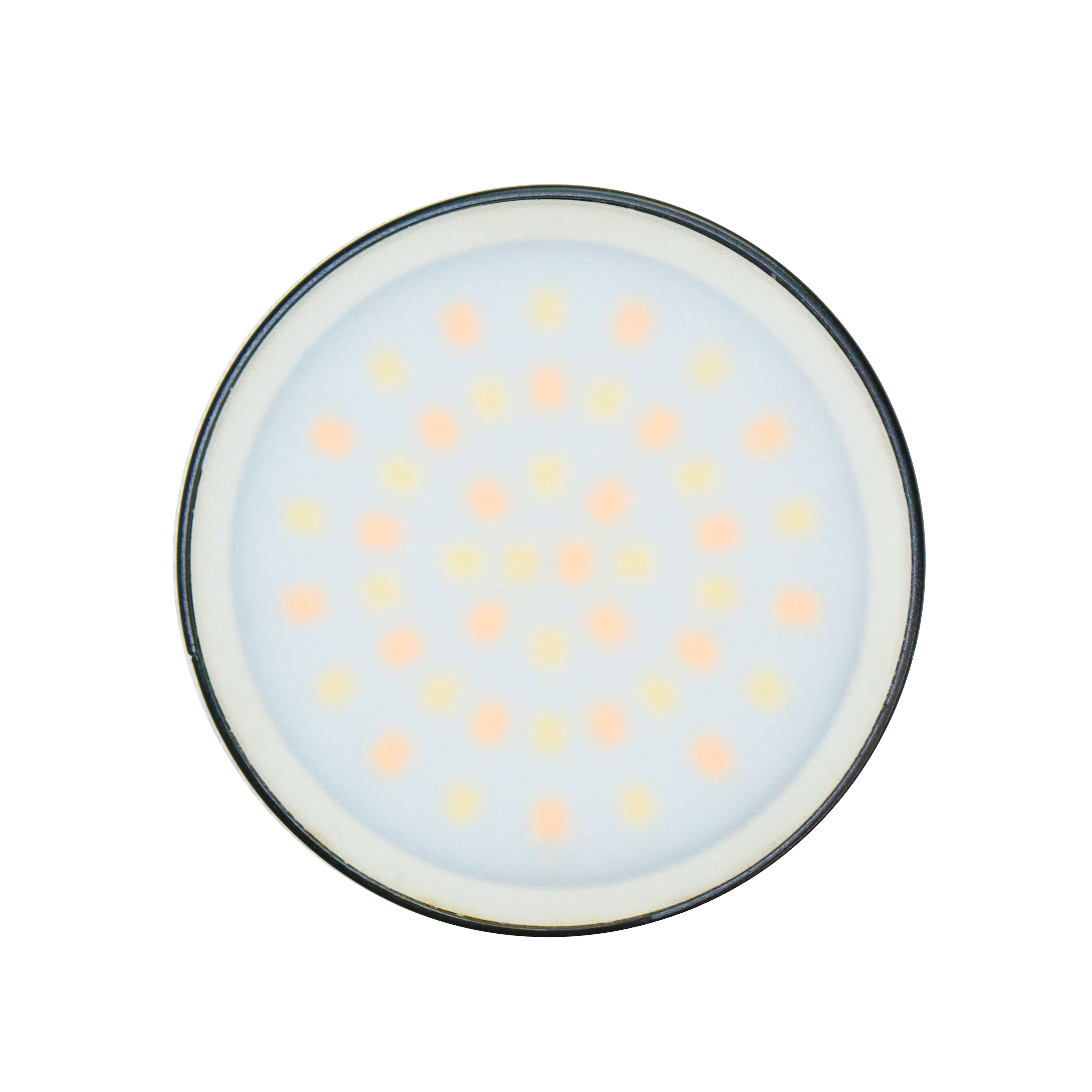 Circular LED light with multiple yellow and white lights, on a white background.