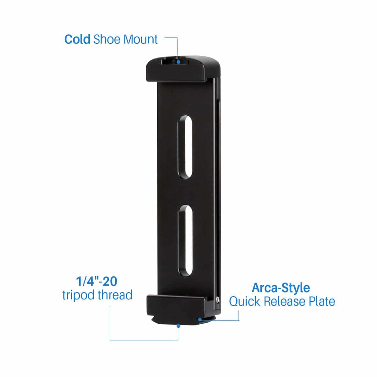 Support de téléphone noir avec filetage de trépied et support de griffe porte-accessoires.