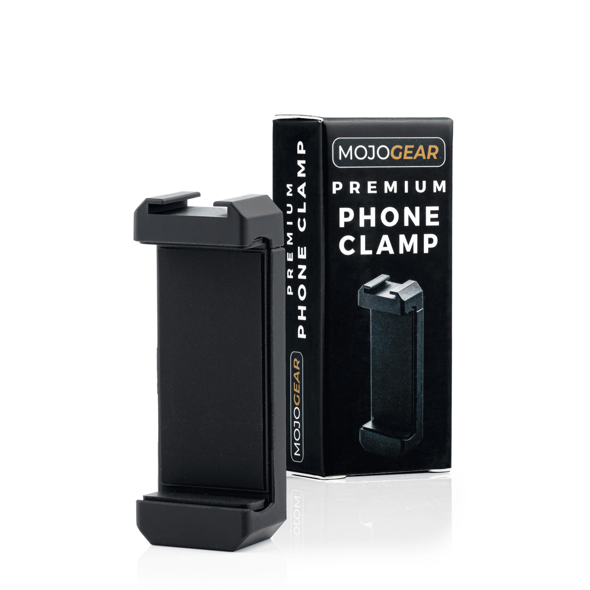 Zwarte telefoonhouder met een doos, met het label "Premium Phone Clamp".