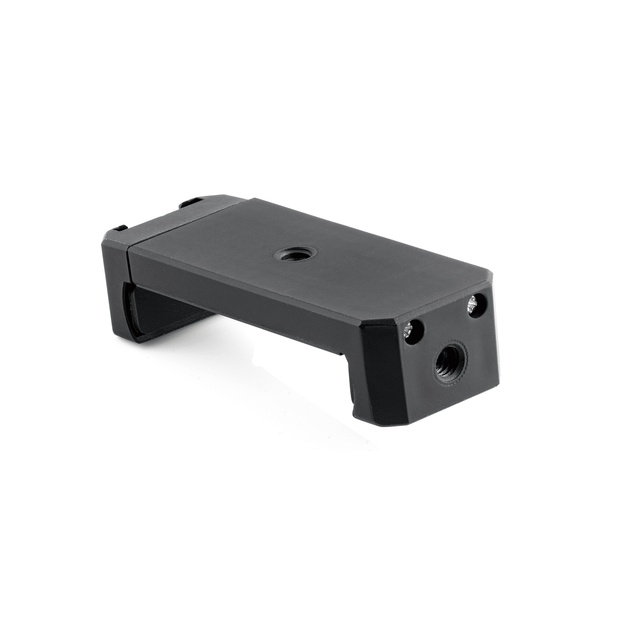 Zwart, rechthoekig camera-accessoire met schroefgaten. Schuine basis.