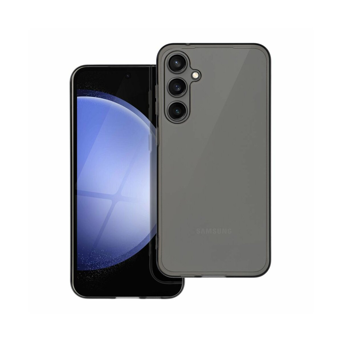 Un telefono nero con una custodia trasparente. La custodia è trasparente con retro grigio scuro e ritaglio per la fotocamera.