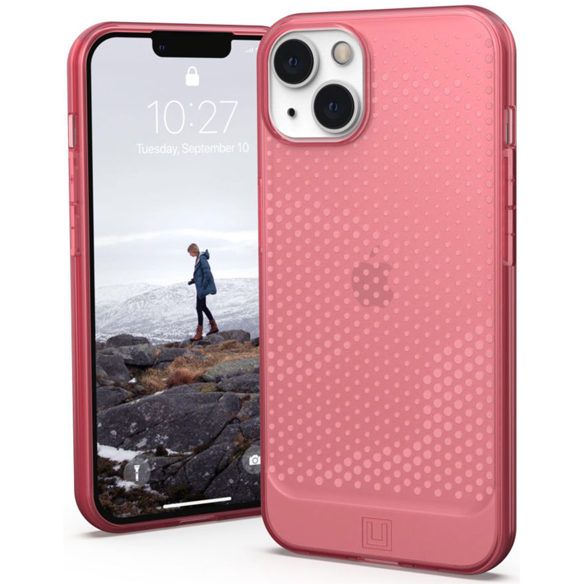 Rosa Handyhülle auf iPhone. Das Telefon zeigt eine Frau, die in Bergen geht. Der Hintergrund ist ein klarer Himmel.