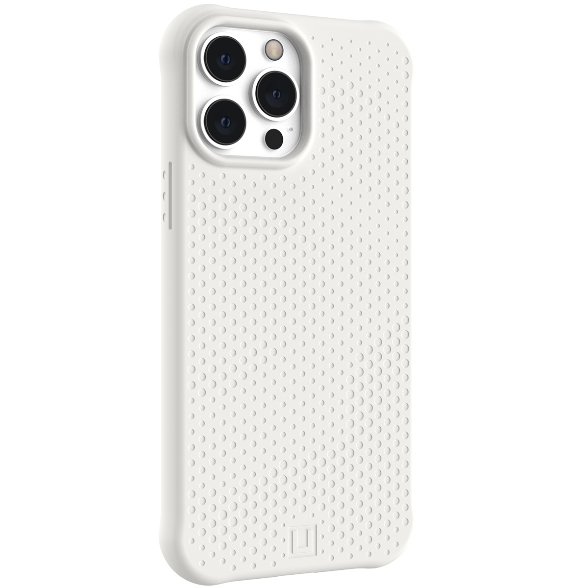 Weißes Handycase mit gepunkteter Textur, mehreren Kameraausschnitten und dem Markenlogo.