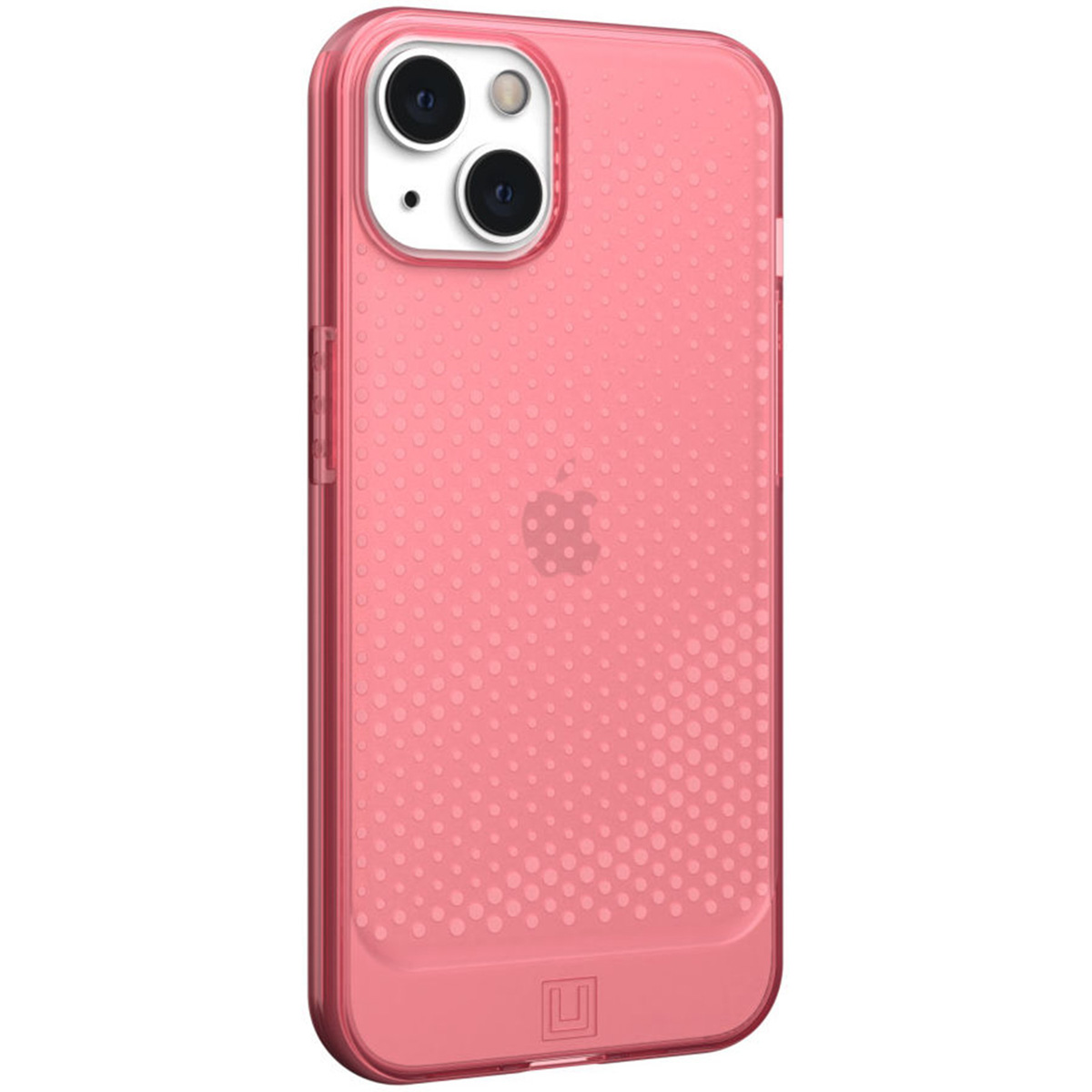 Rosa Handyhülle mit kleinen Punkten. Apple-Logo auf der Rückseite sichtbar. Weißer Hintergrund.
