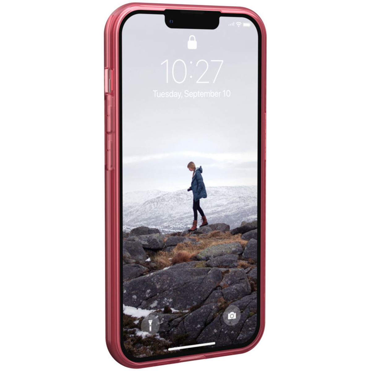 iPhone in pinkem Case, zeigt eine Person, die auf einem felsigen Pfad geht.