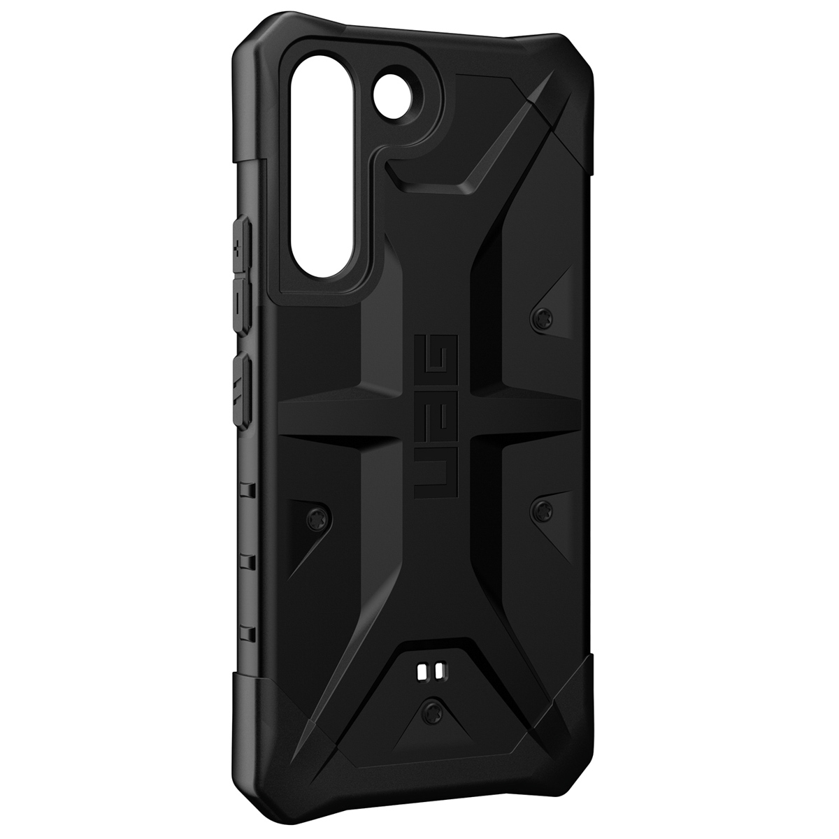 Schwarze Handyhülle mit robustem Design. Das Gehäuse hat ein UAG-Logo auf der Rückseite.