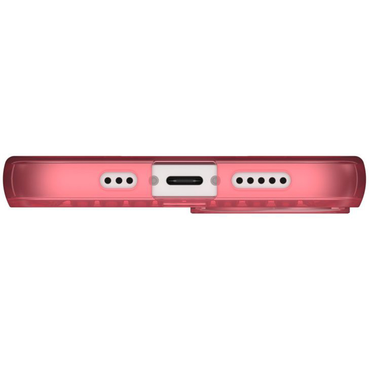 Nahaufnahme des unteren Teils einer Handyhülle mit rosa Farbton. Es hat Anschlüsse und Löcher.