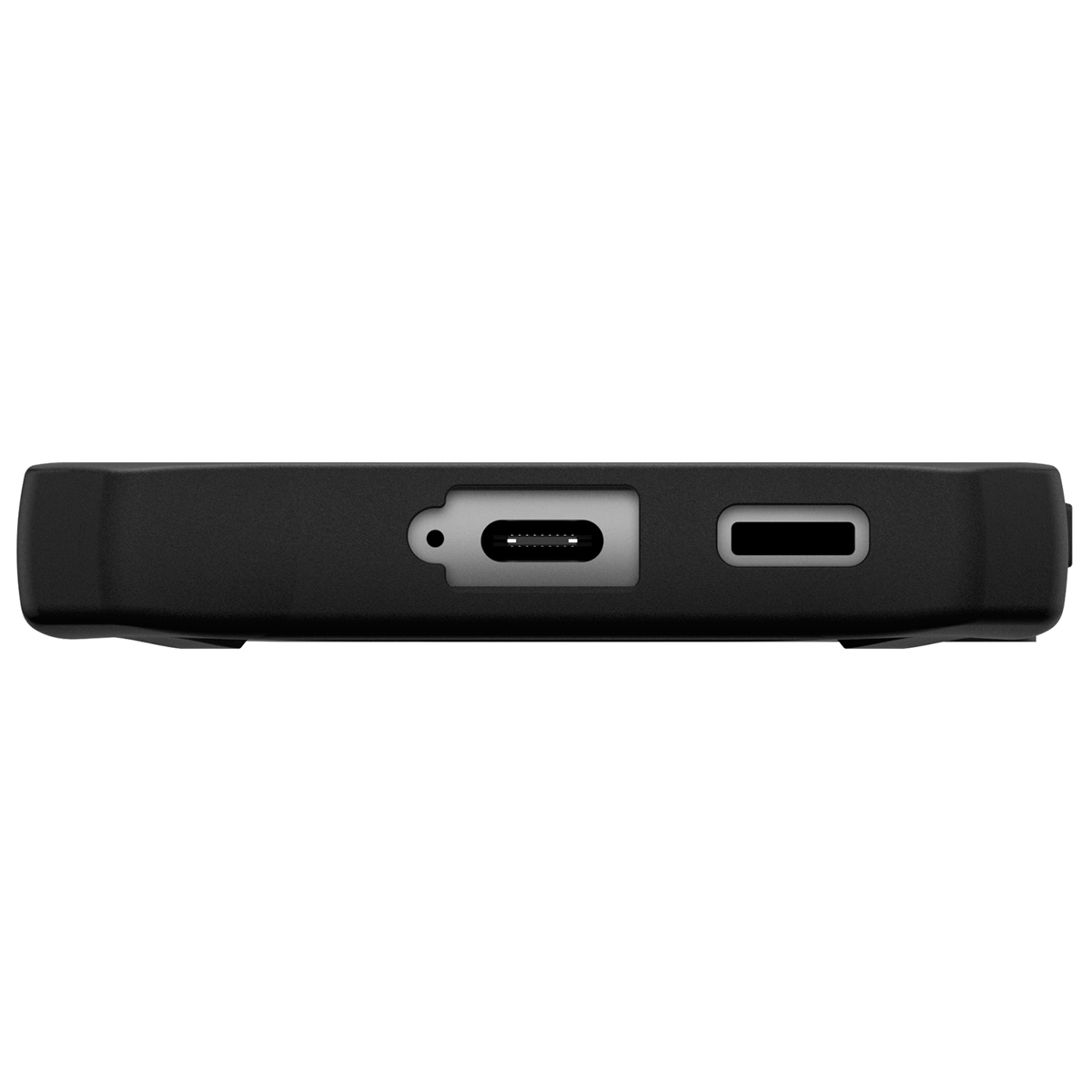 Eine schwarze Handyhülle mit einem USB-C-Anschluss und einem weiteren Anschluss unten.