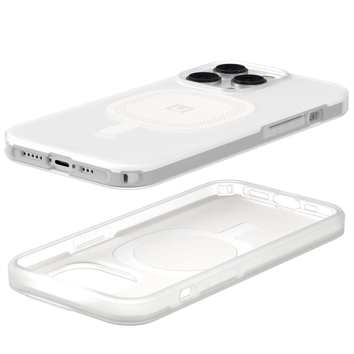 Zwei transparente Telefonhüllen, eine mit einem weißen Kreis und die andere. Weißer Hintergrund.