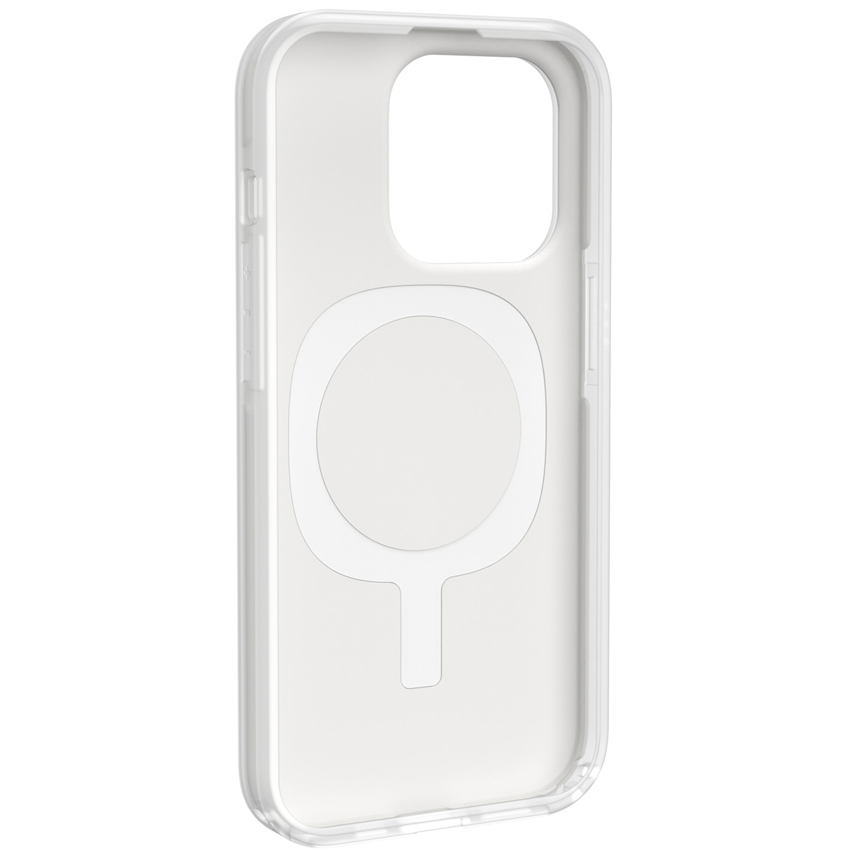 Eine transparente Handyhülle mit weißem, kreisförmigem MagSafe-Design, auf weißem Hintergrund.