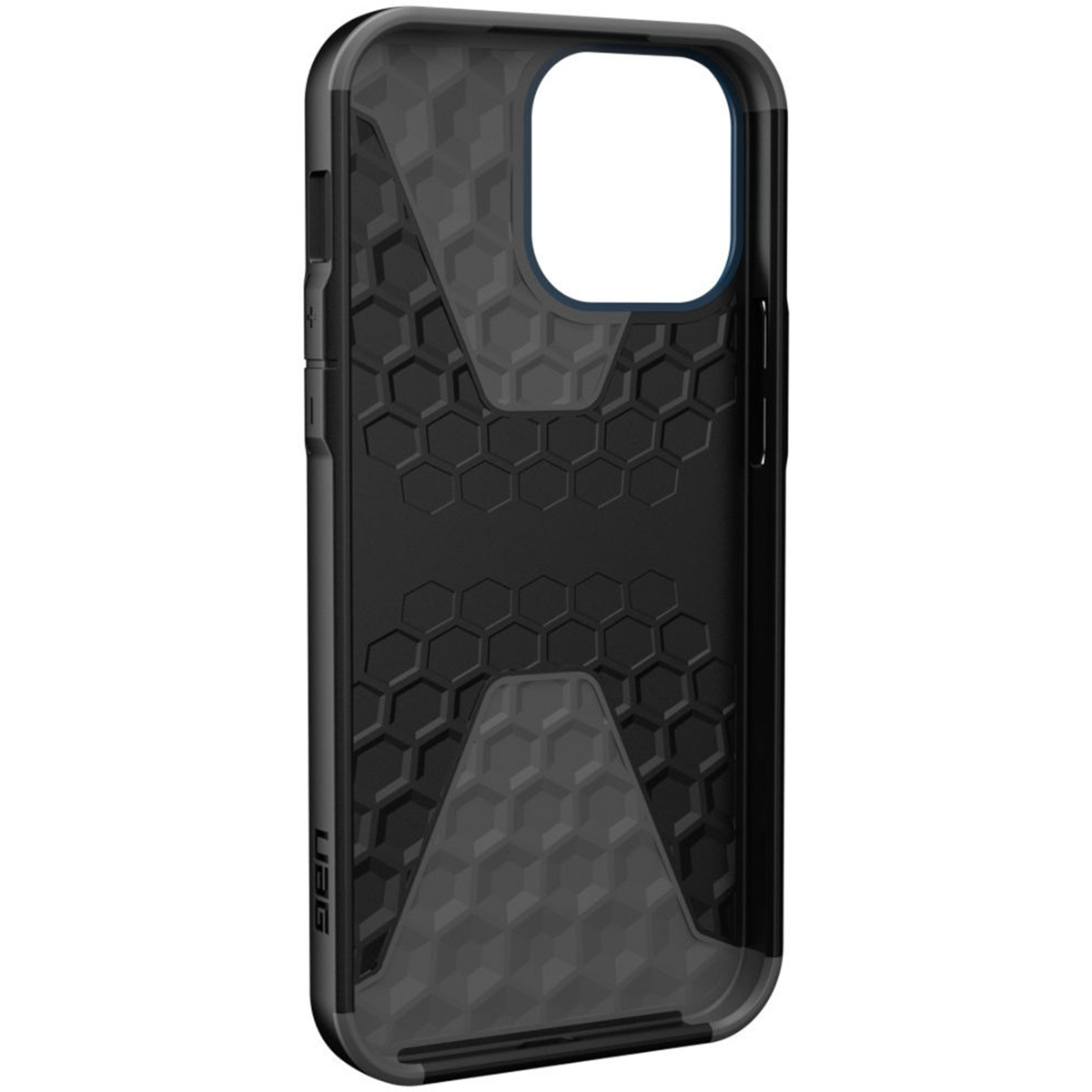 Schwarze Handyhülle mit geometrischem Muster. UAG-Logo unten. Blauer Kamerarahmen.