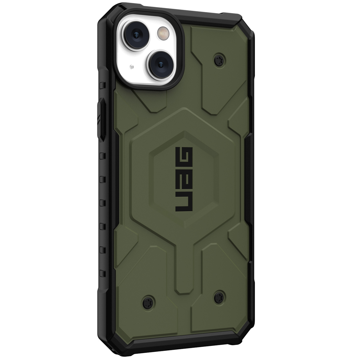 Grüne iPhone-Hülle mit schwarzen Akzenten und dem UAG-Logo.