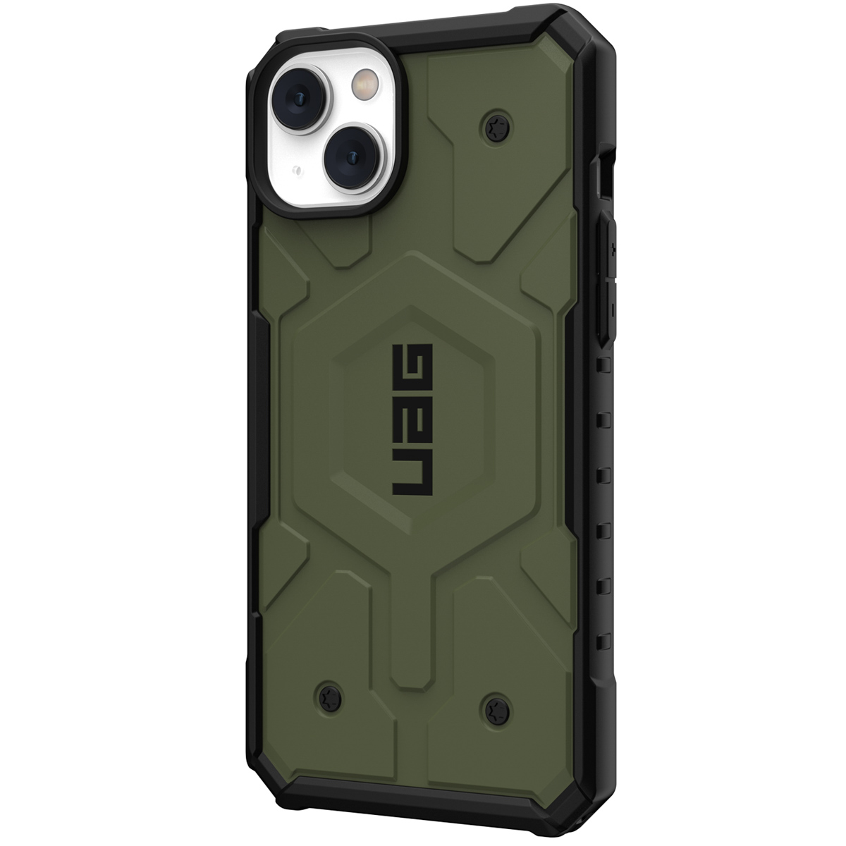 Eine grün-schwarze Handyhülle mit UAG-Logo, vor weißem Hintergrund schräg gestellt.