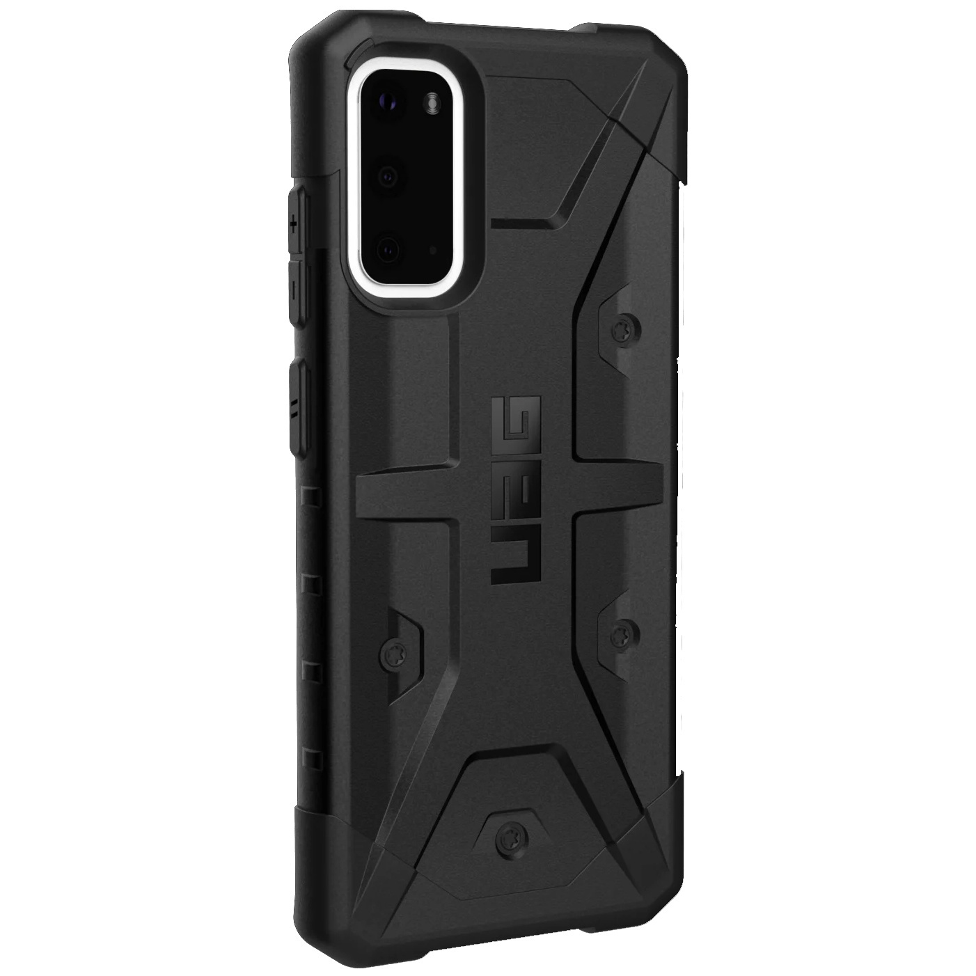 Eine schwarze Handyhülle. Die Hülle hat ein robustes Design mit dem 'UAG'-Logo.