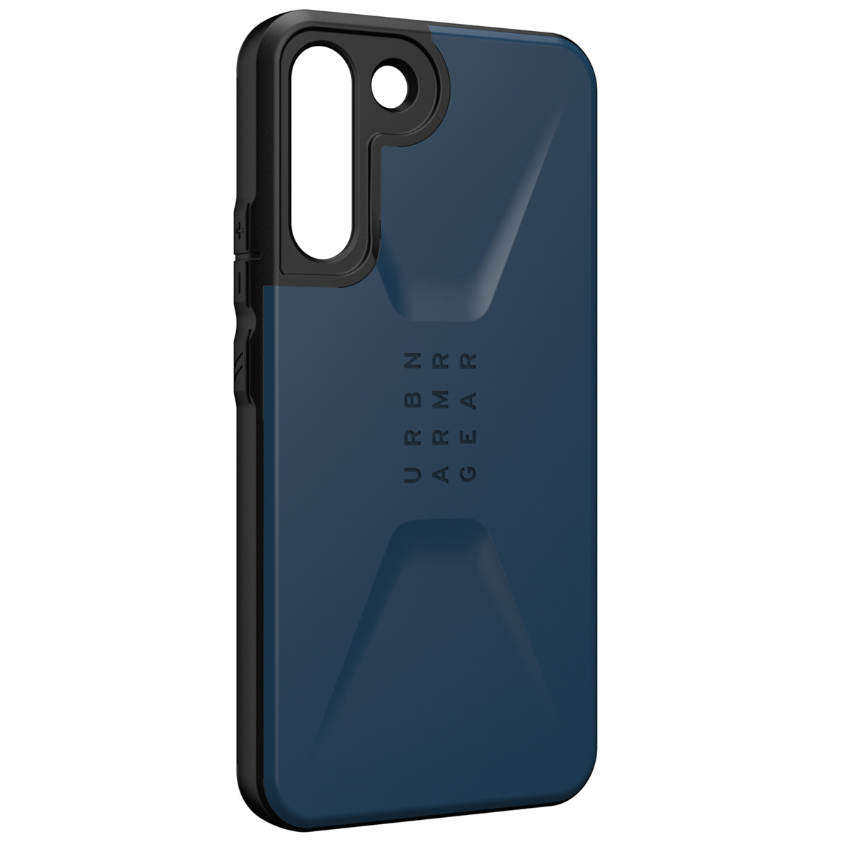 Eine blau-schwarze Handyhülle mit dem Text URBN ARMOR GEAR und einem Kameraloch oben.