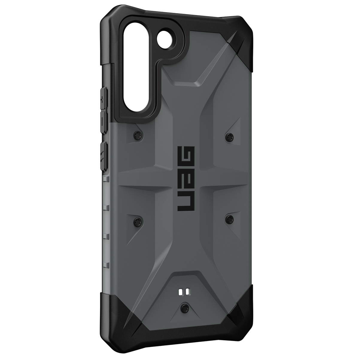 Eine graue Handyhülle mit schwarzen Rändern. Das UAG-Logo befindet sich in der Mitte.