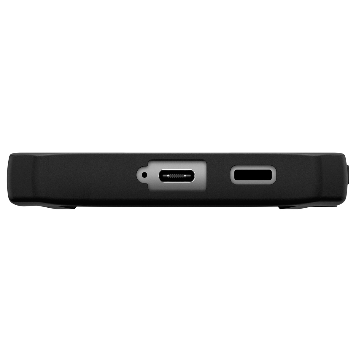 Schwarze Handyhülle mit Ladeanschluss rechts und USB-C-Anschluss links.