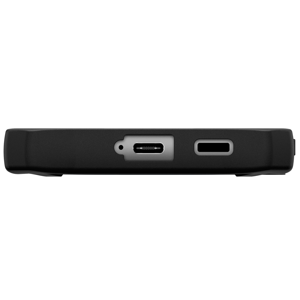 Unteransicht einer schwarzen Handyhülle. Zeigt einen USB-C-Anschluss und andere Aussparungen.