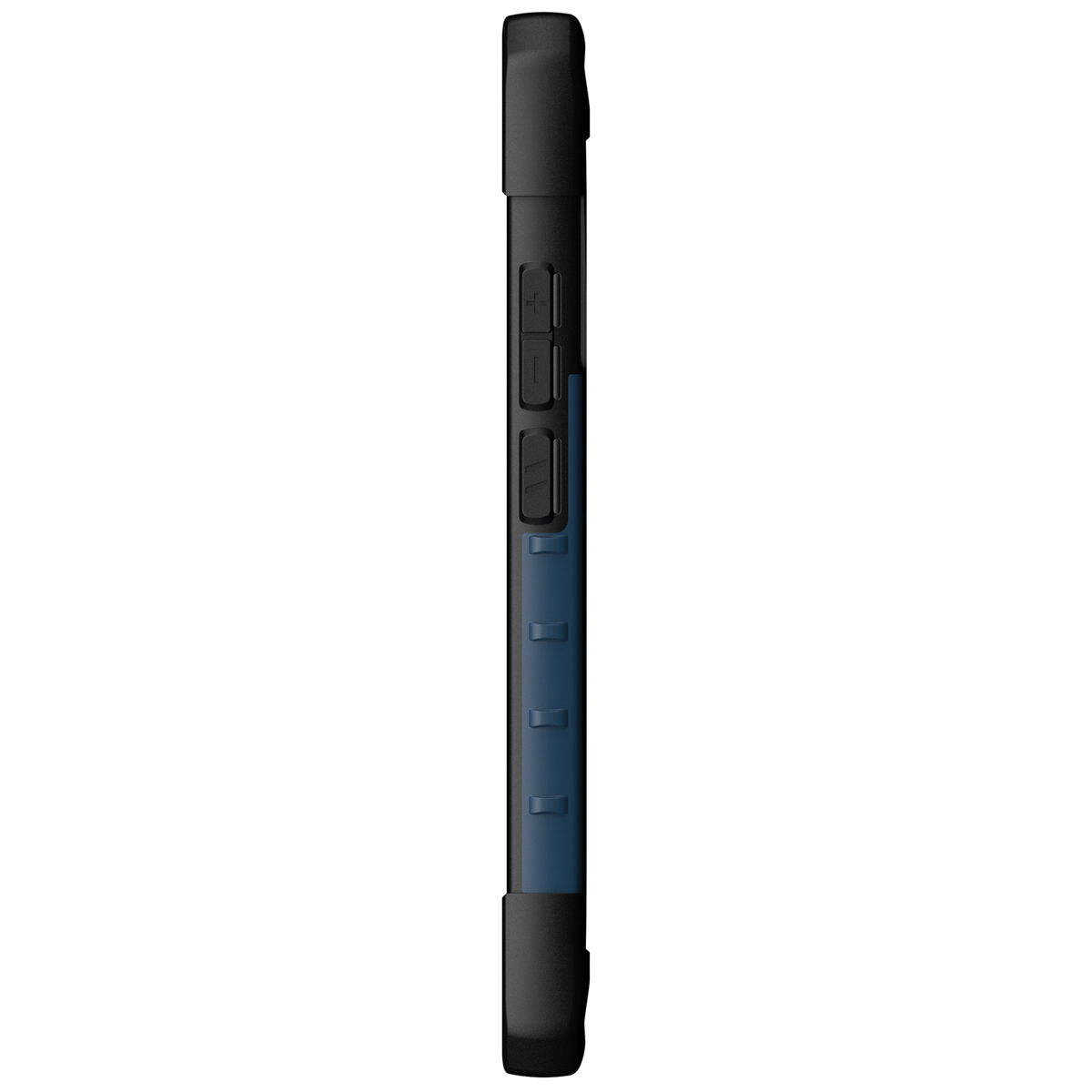 Blau-schwarze Handyhülle mit Knöpfen an der Seite.