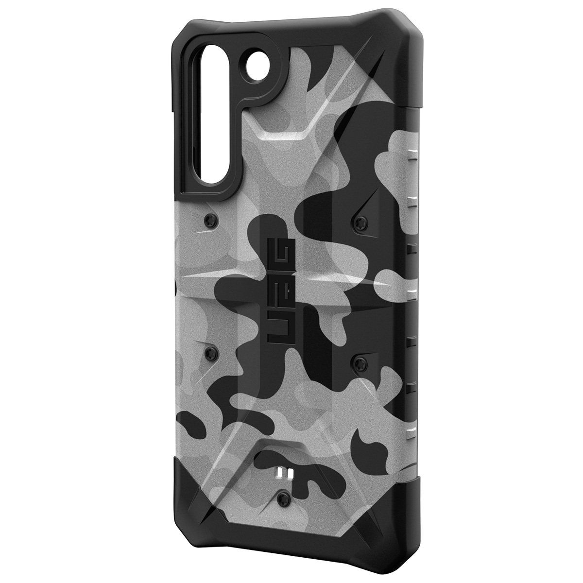 Schwarz-graue Camouflage-iPhone-Hülle mit UAG-Logo. Es hat ein robustes Design.