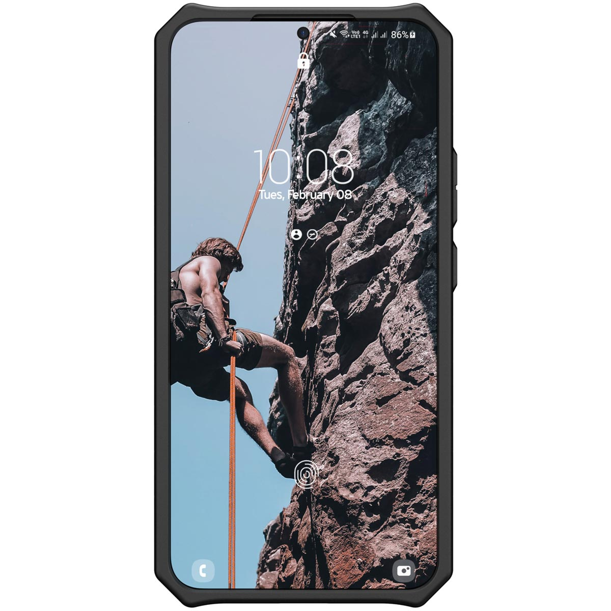 Handyhülle auf einem Telefon mit einem Kletterbild auf dem Bildschirm. Ein Mann klettert.