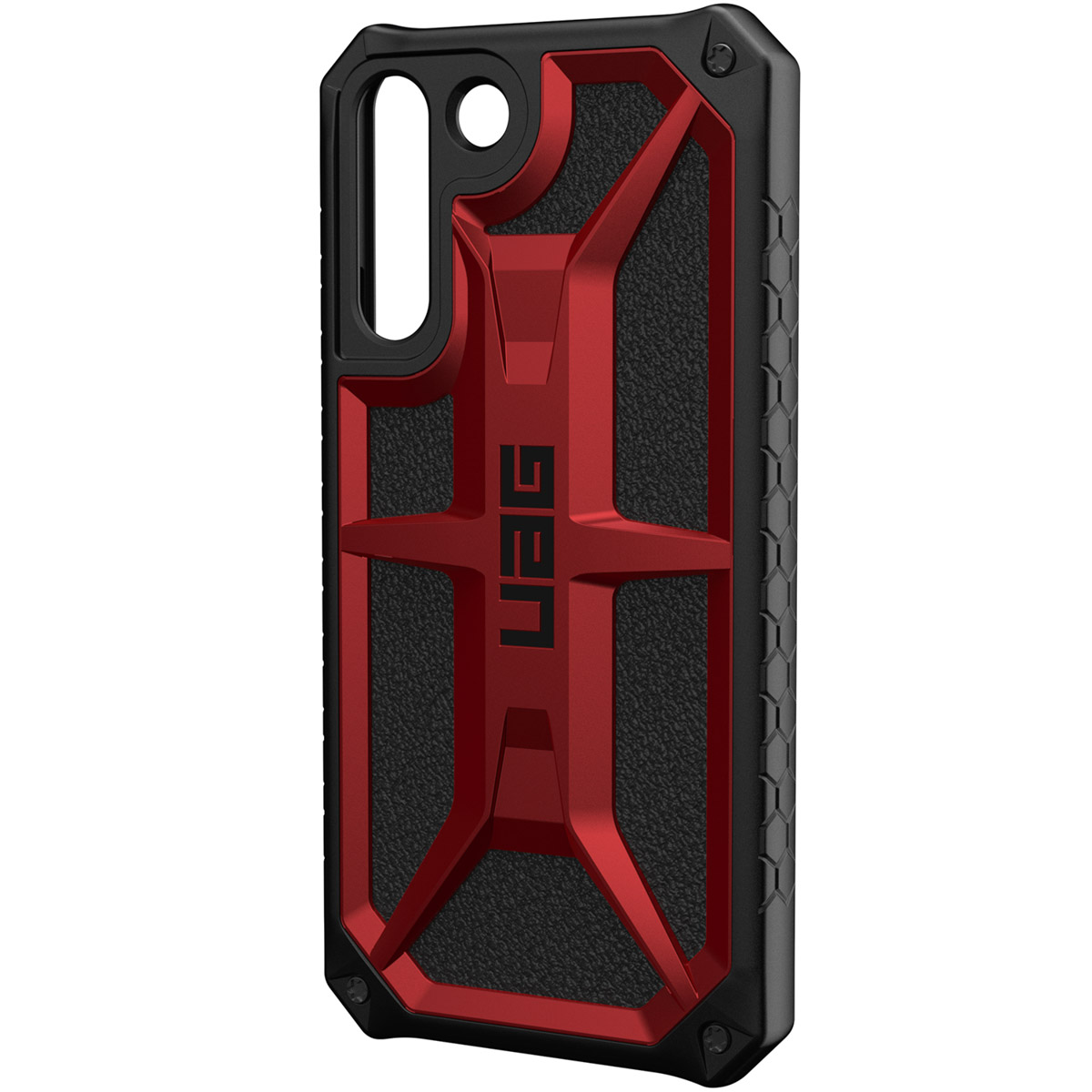 Rote und schwarze Handyhülle von UAG. Hat ein robustes, geometrisches Design.
