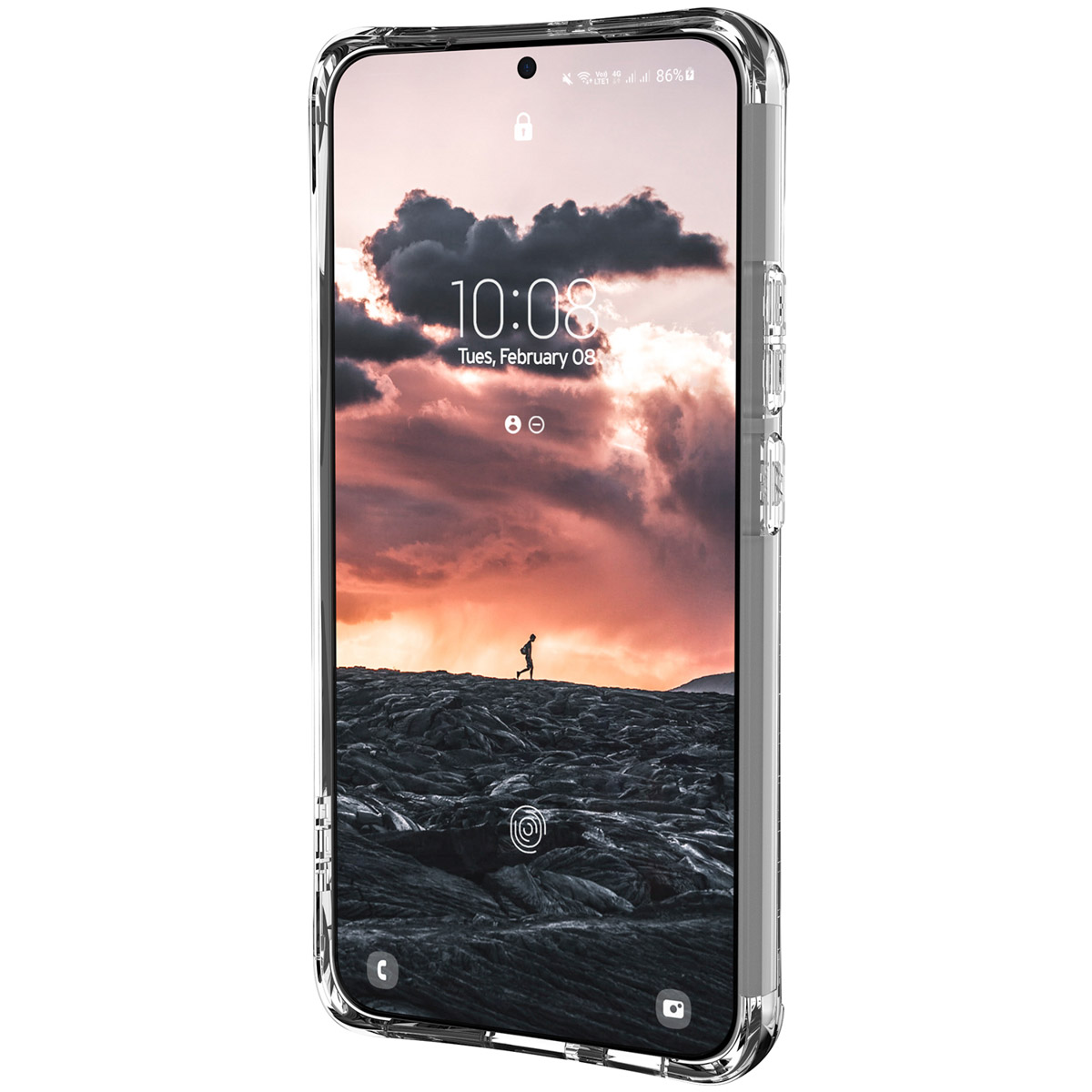 Ein Smartphone mit Hülle, das eine laufende Person auf einem Hintergrund zeigt.