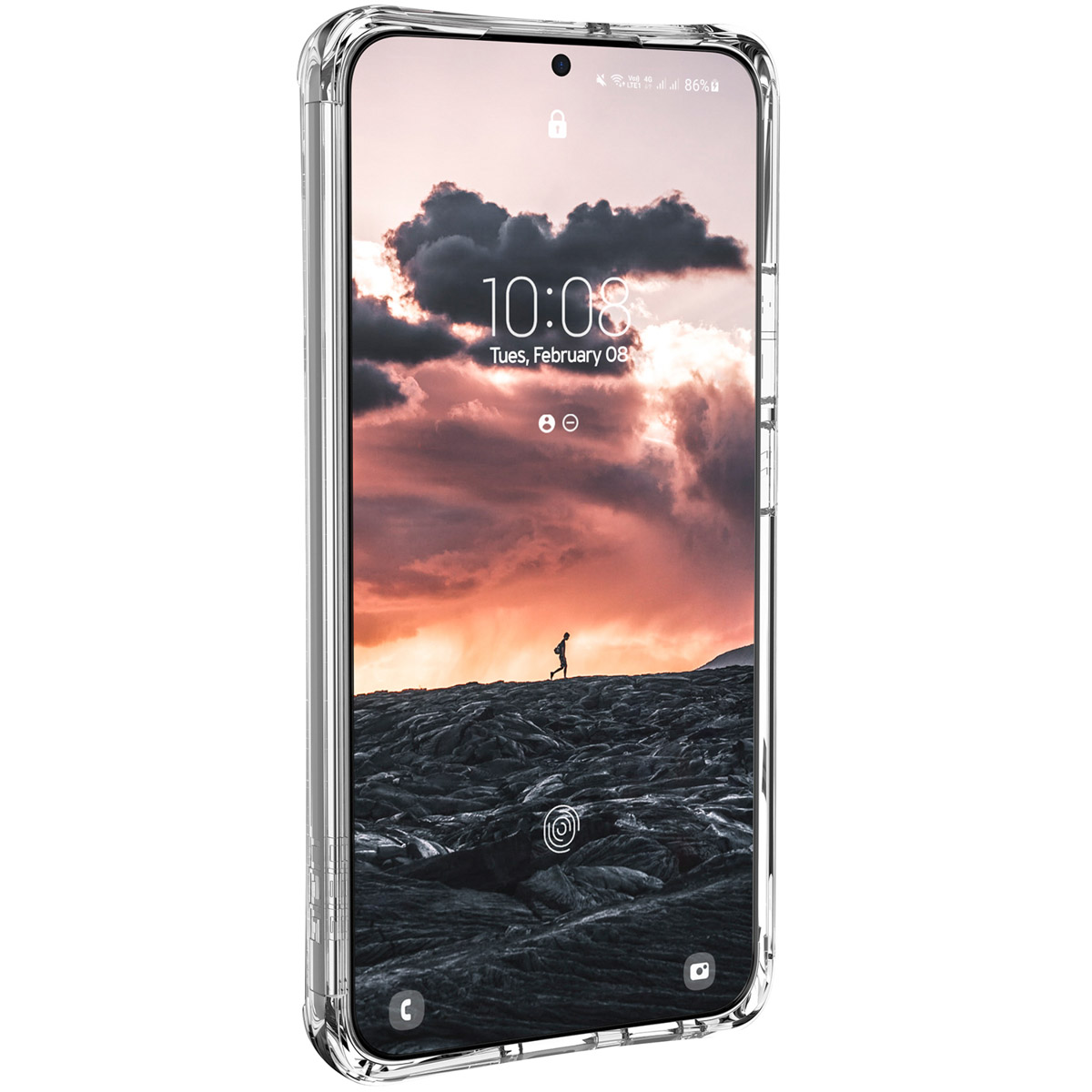 Transparente Handyhülle mit einem Telefon, das eine Landschaft zeigt. Die Uhrzeit ist 10:08, Dienstag, 08. Februar.
