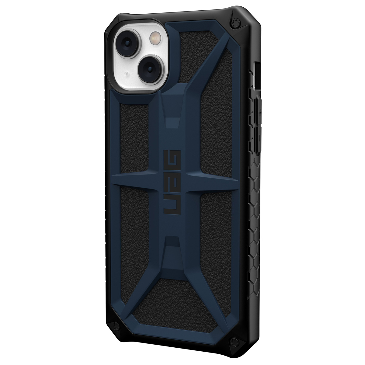 Schwarze und blaue Handyhülle von UAG. Hat ein robustes, geometrisches Design.