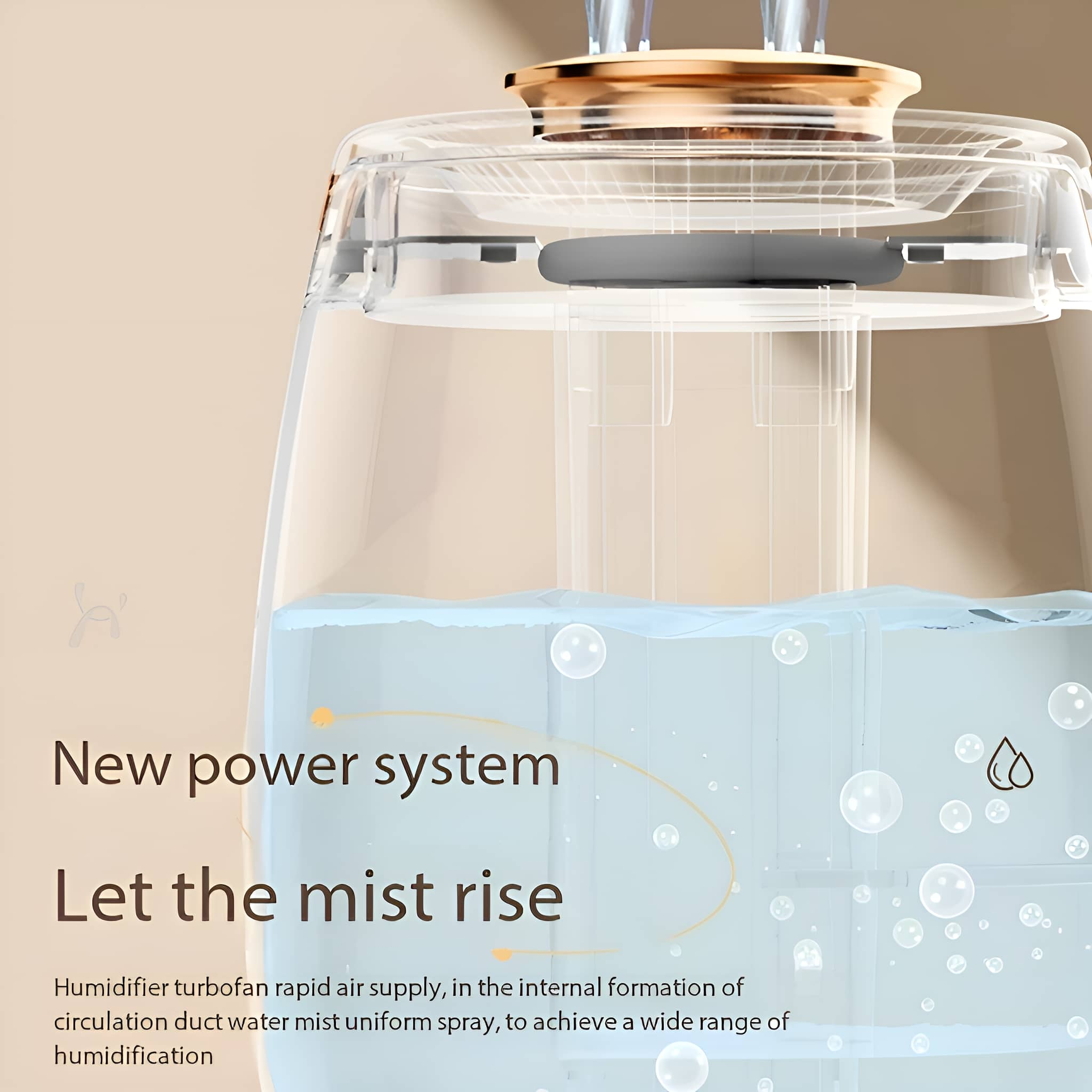 Ein transparenter Luftbefeuchter mit Wasser. Blasen steigen im Wasser auf. Text: 'Let the mist rise'.
