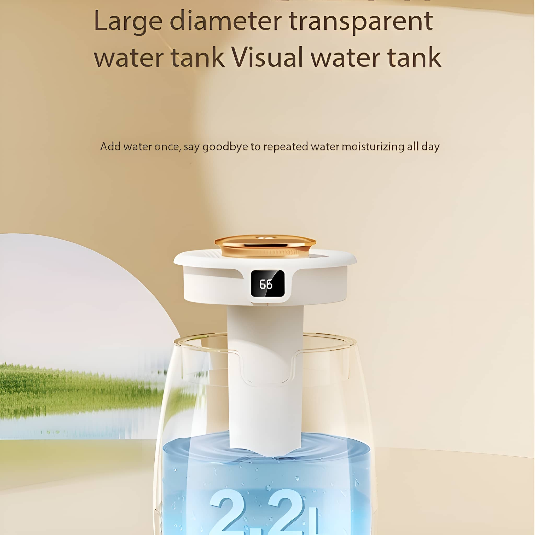 Ein Wassertank mit digitaler Anzeige, die 66 anzeigt. Ein Glas mit Wasser, das den Boden des Tanks füllt.