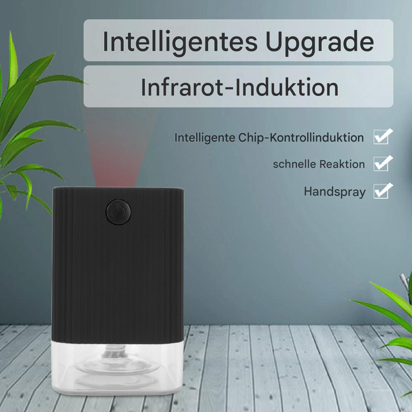Schwarzer und transparenter Spender mit rotem Strahl, Text über Upgrade und Infrarot-Induktion.
