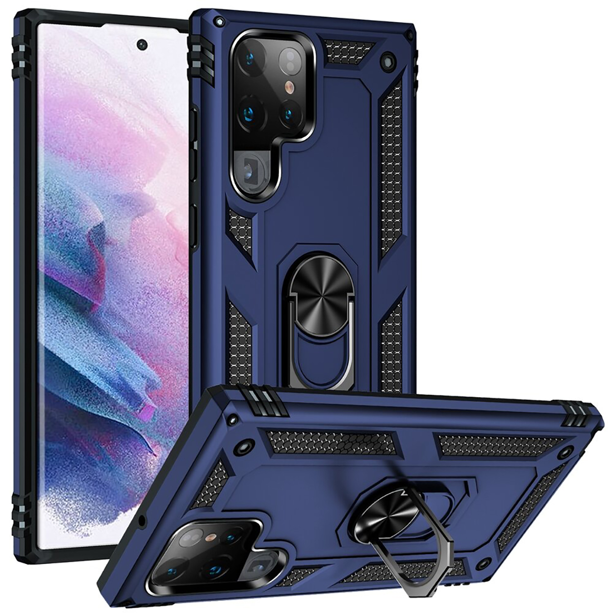 Blauwe telefoonhoes met telefoon erin. Heeft een ringhouder en camera-uitsparingen.